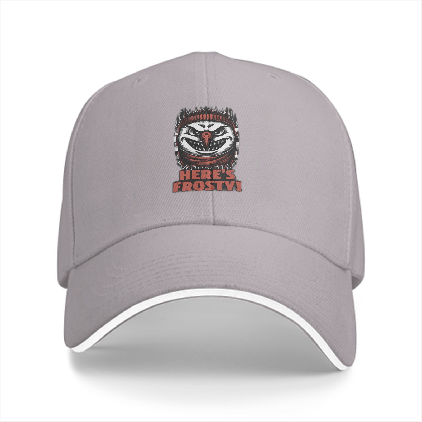 Black baseball cap with evil snowman 'Here's Frosty!' graphic