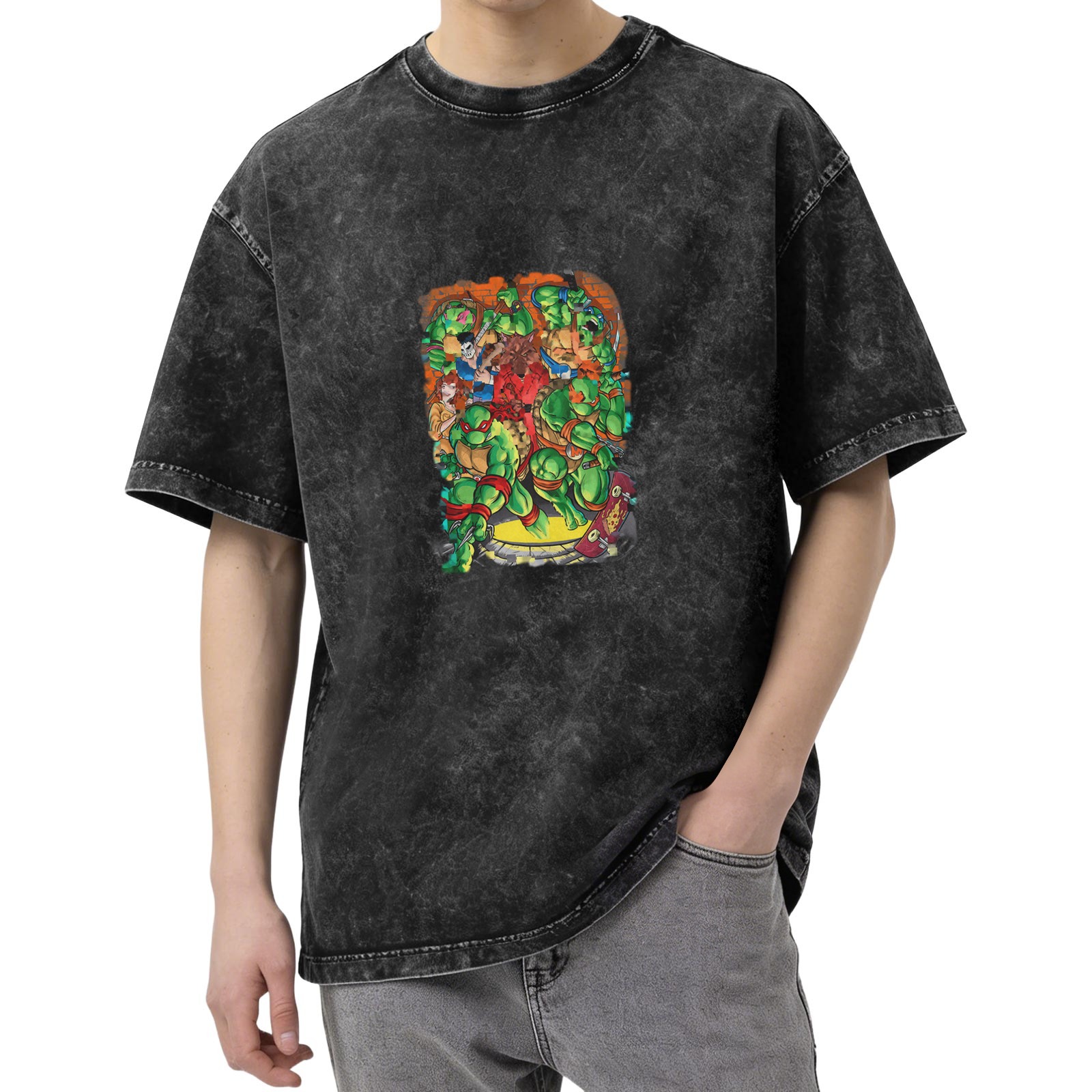 Washed Black Oversized T-Shirt with Teenage Mutant Ninja Turtles Graphic