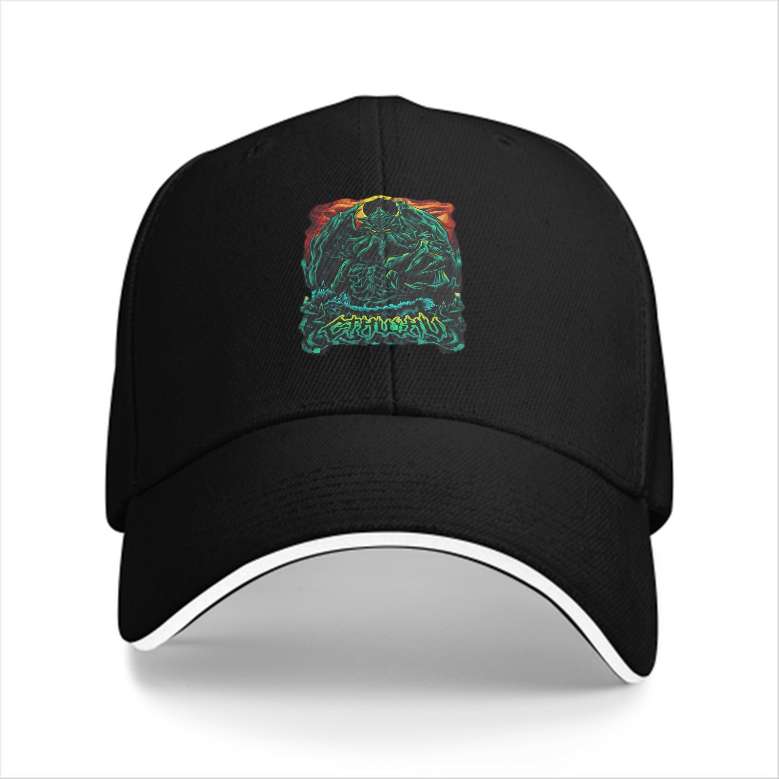 Black Baseball Cap With Dark Fantasy Monster Graphic Print