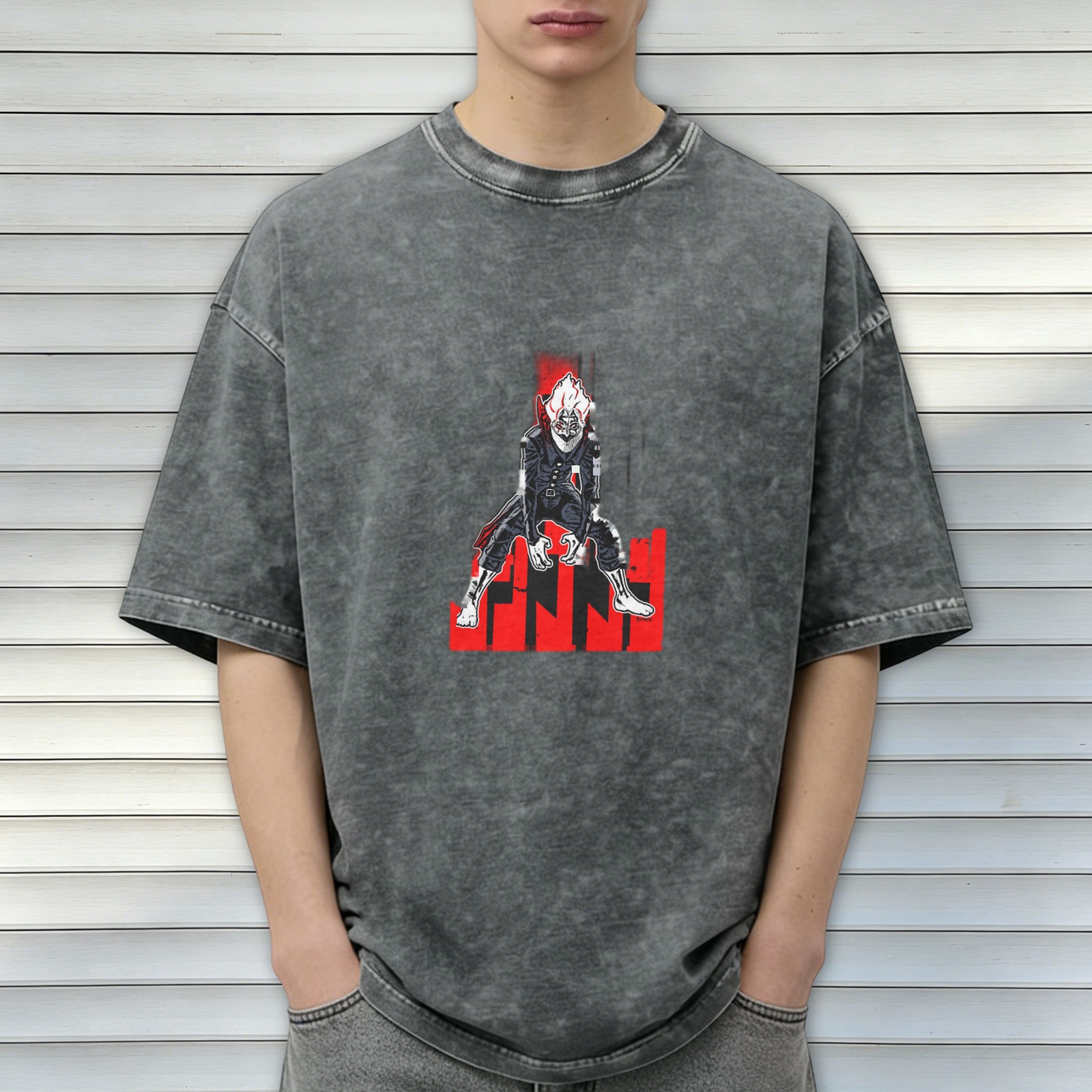 Oversized dark washed graphic t-shirt with anime villain print