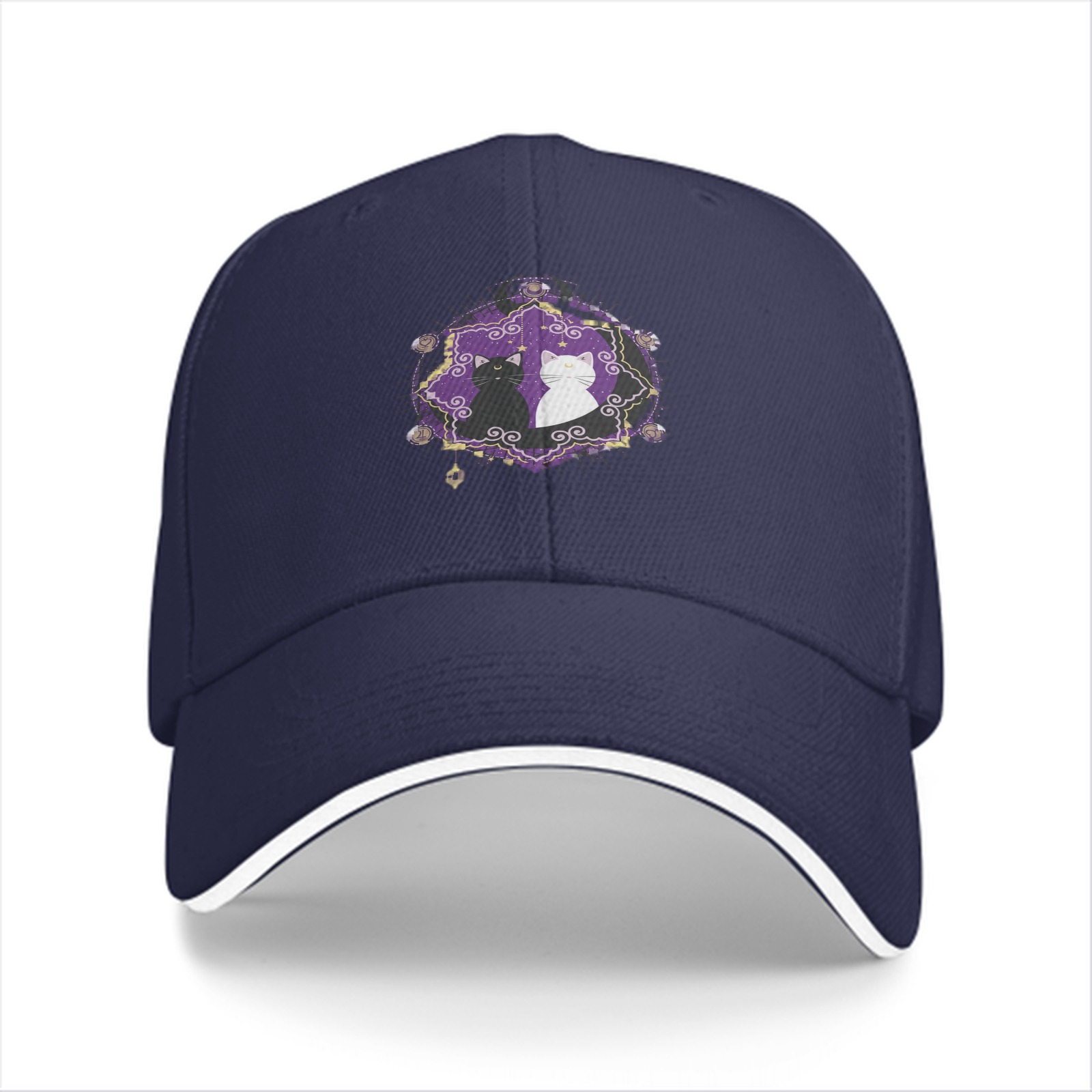 Black baseball cap with purple star cat graphic design