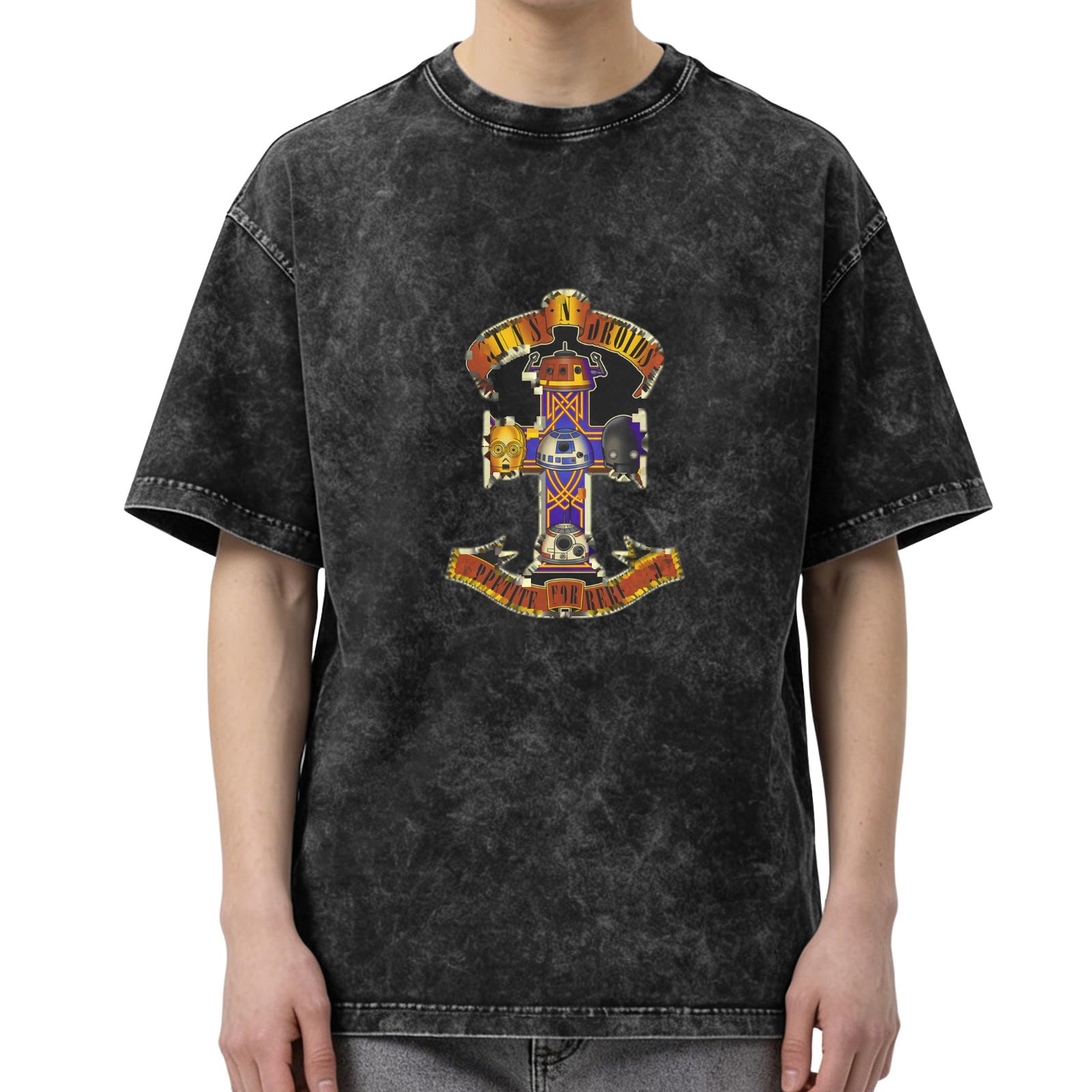 Oversized Washed Black T-Shirt with Star Wars Droids Cross Graphic Print