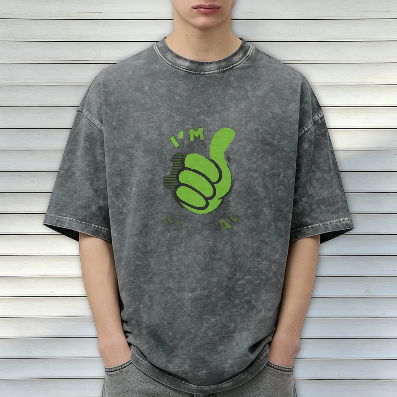Oversized acid wash t-shirt with green thumbs up graphic