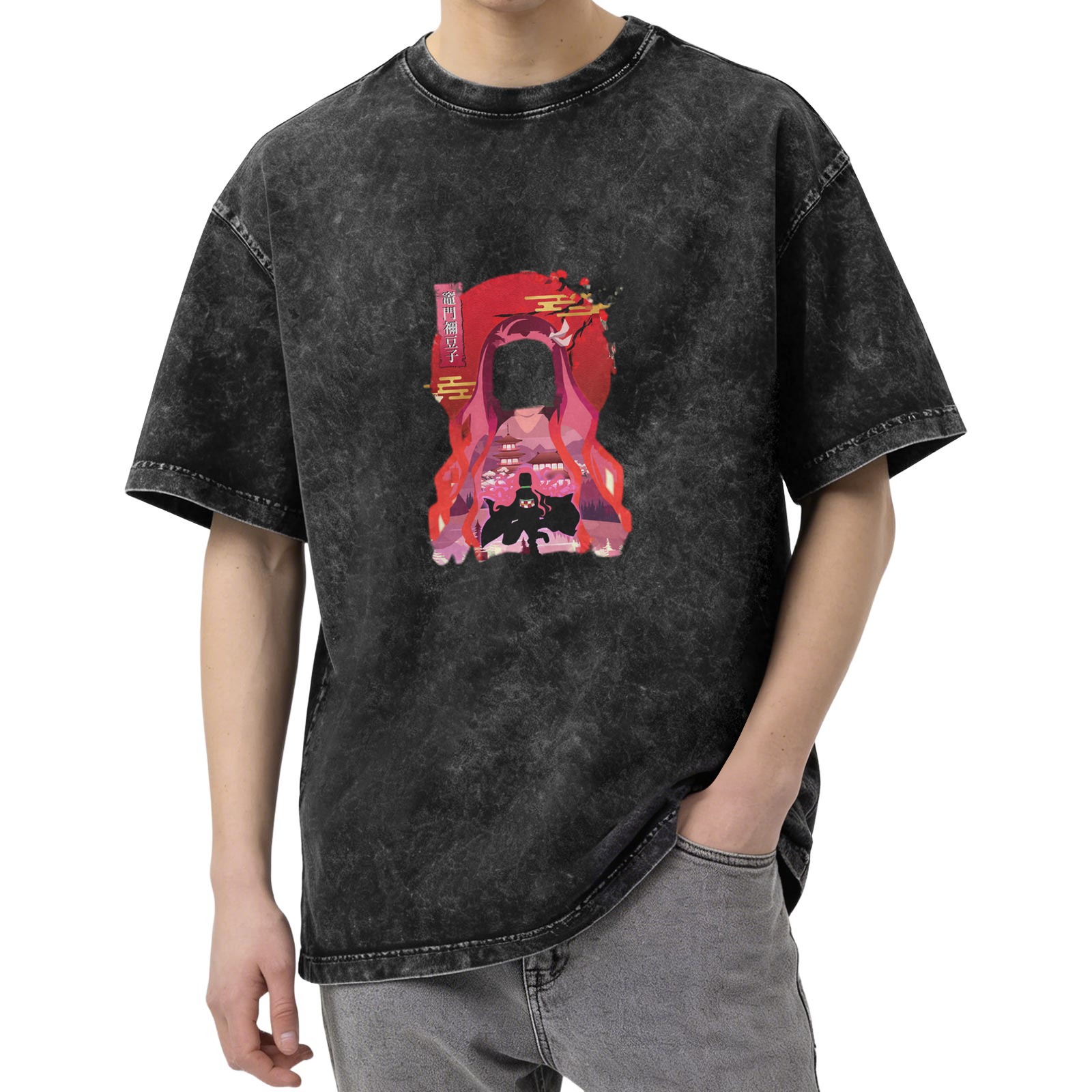 Washed Black Anime Graphic T-Shirt with Japanese Art Design