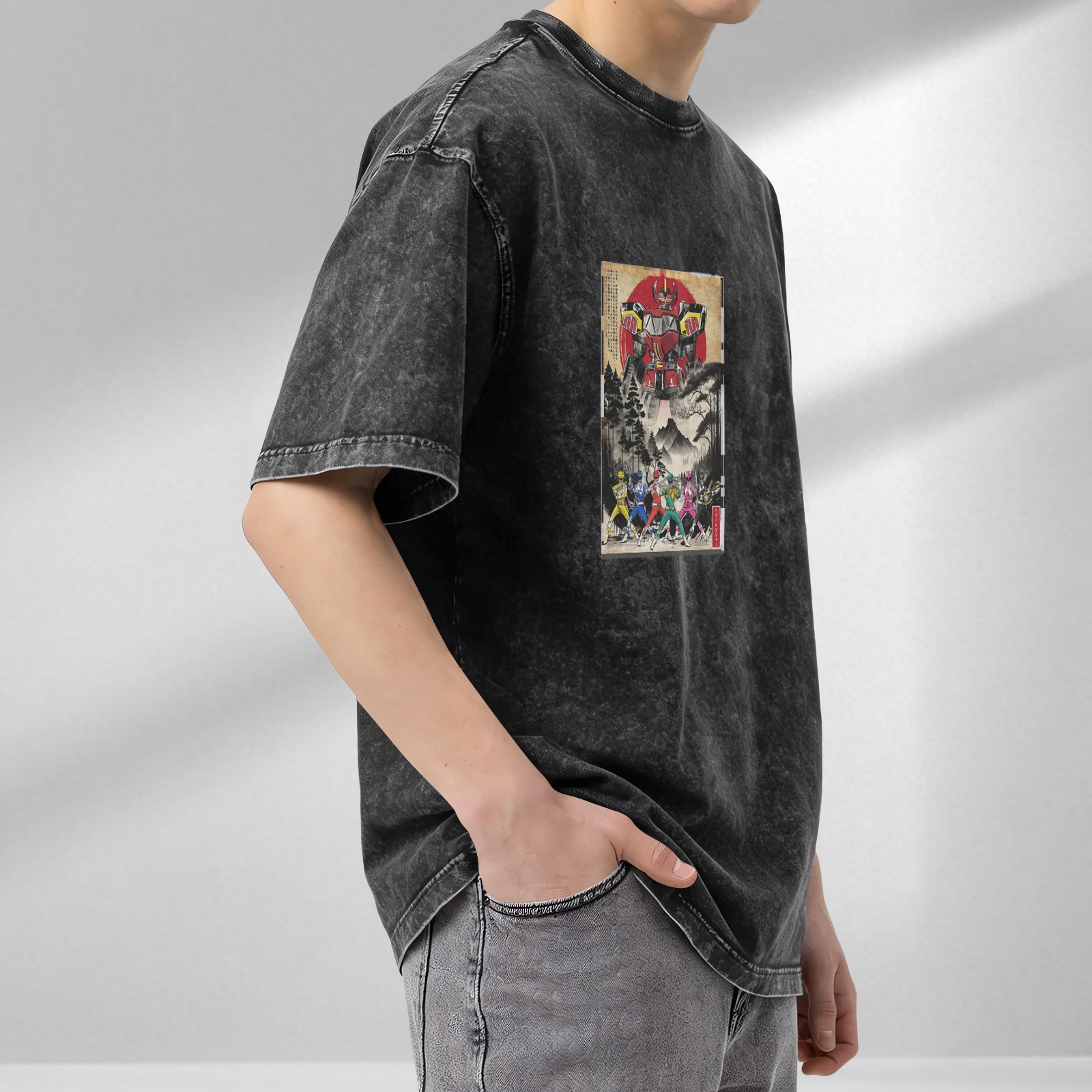 Retro washed black short-sleeved T-shirt Japanese Ukiyo-e style Super Sentai pattern Loose casual distressed top