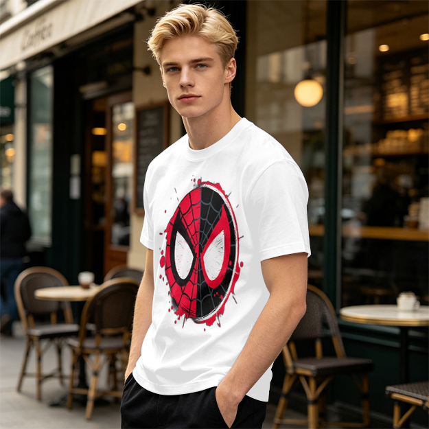 Olive T-Shirt with Split Spider-Man Mask Graphic