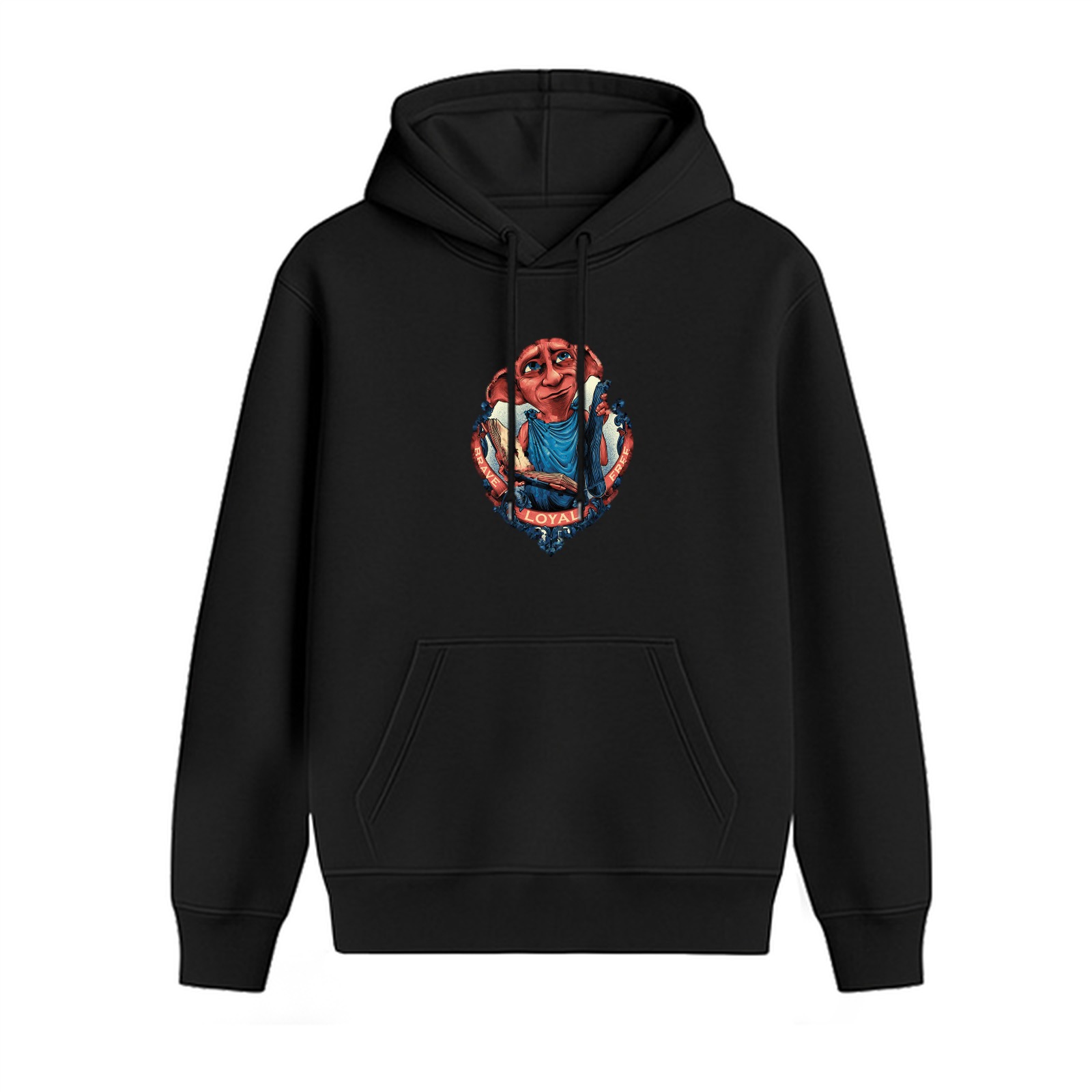 Black hoodie with loyal house elf graphic print