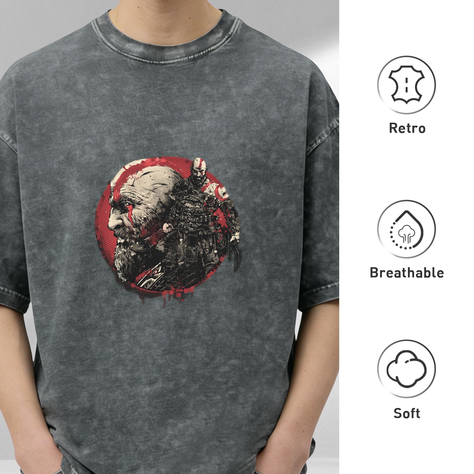 Kratos God of War Graphic Stone Wash Black T-Shirt