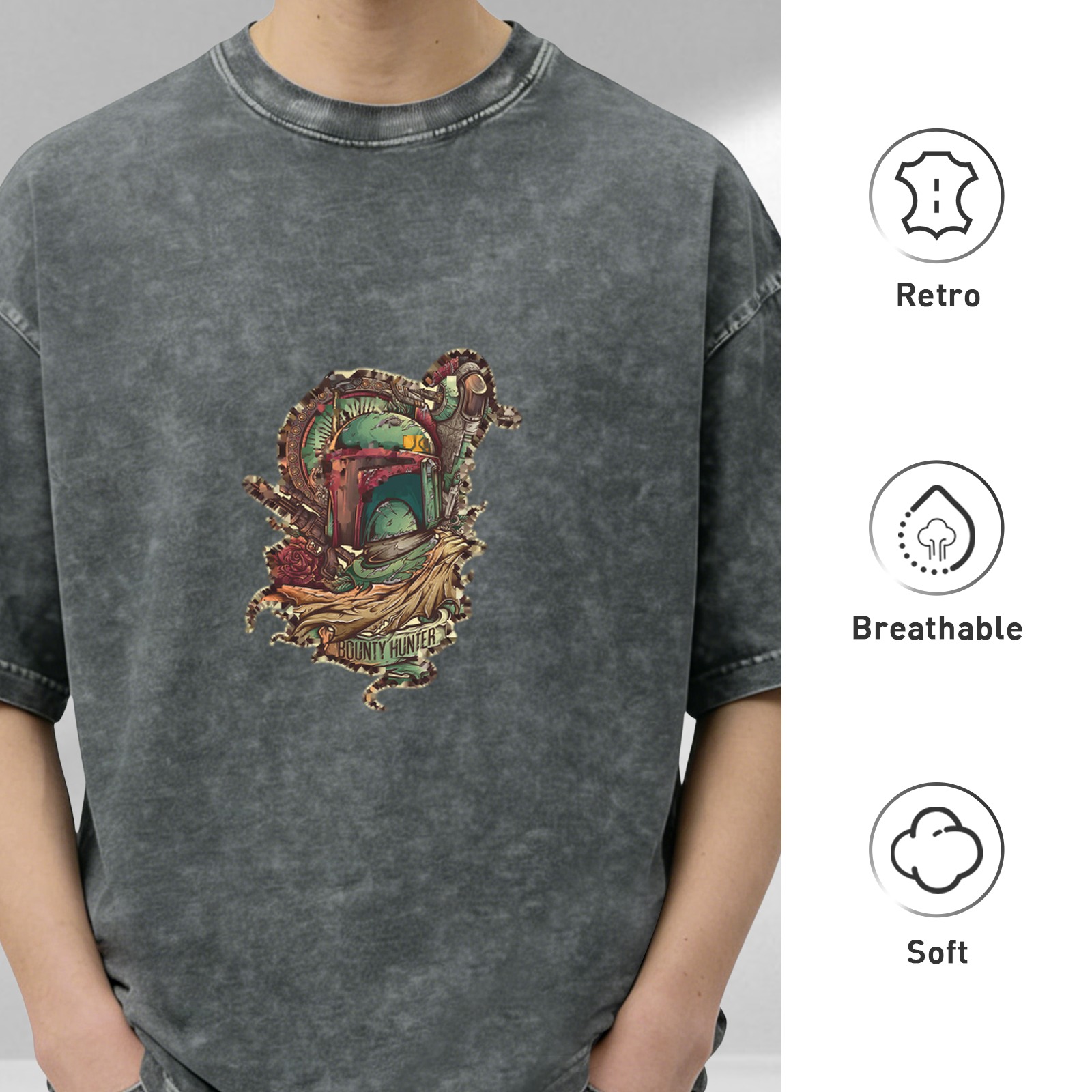 Distressed washed black loose short-sleeved T-shirt with bounty hunter theme print