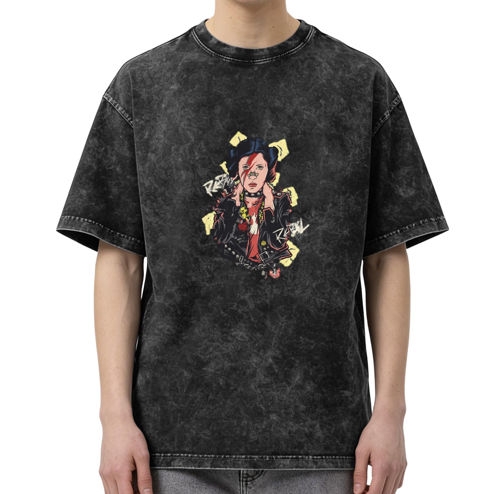 Oversized Acid Wash T-Shirt With Punk Rebel Graphic Print