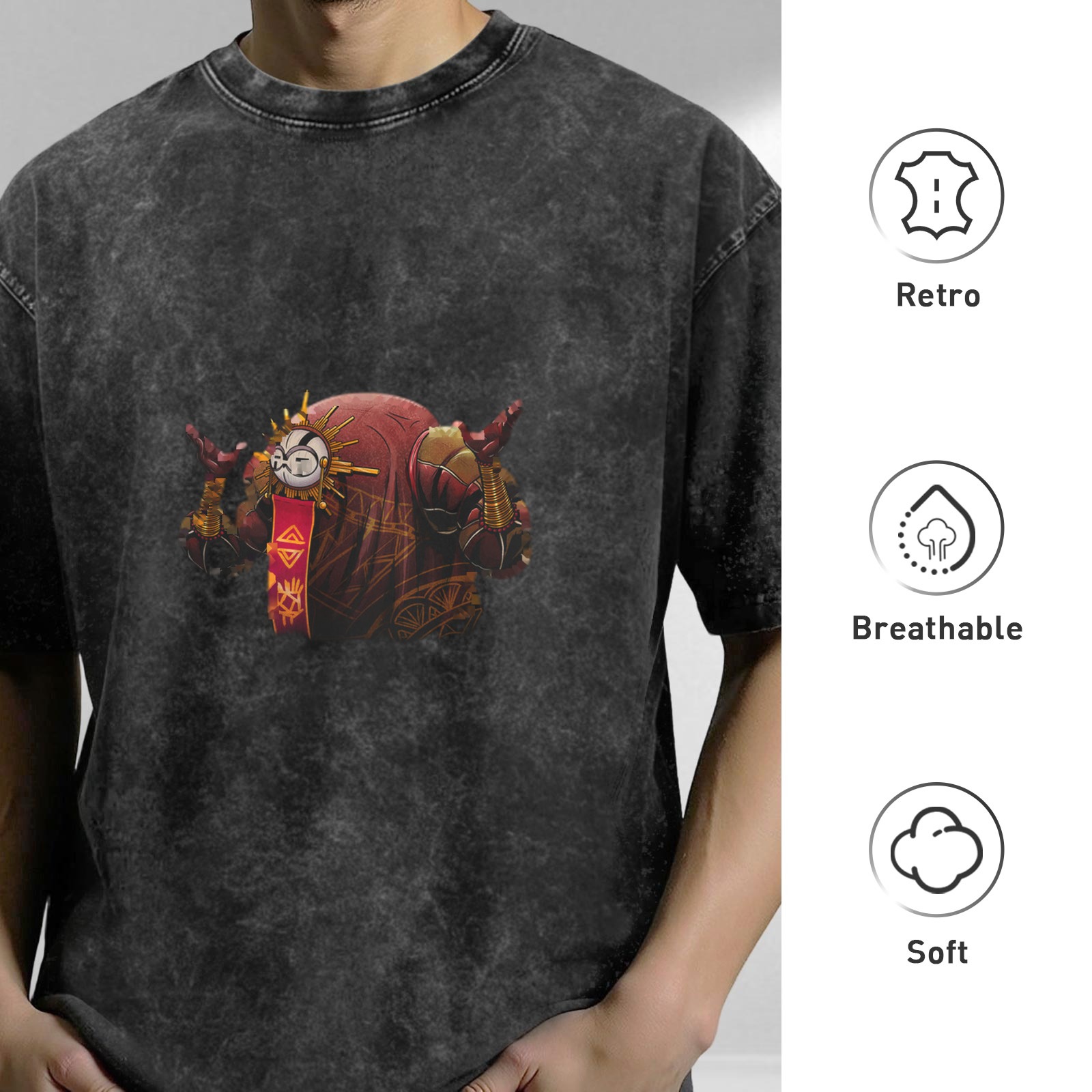 Washed Black Graphic T-Shirt With Fantasy Warrior Print