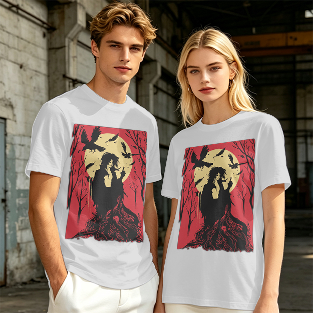 Olive T-Shirt With Gothic Crow And Moon Graphic Print