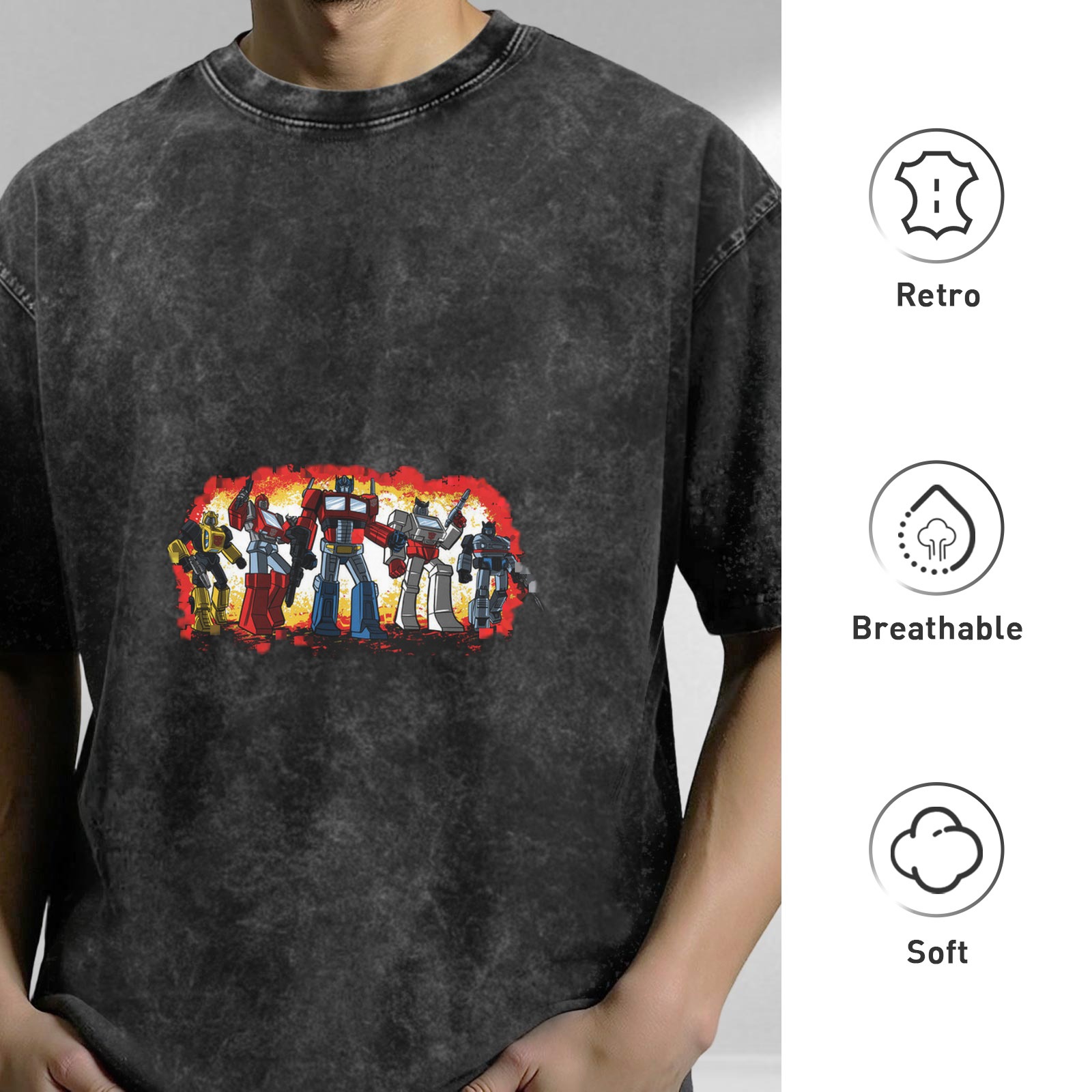 Washed Black T-Shirt With Classic Transformers Autobots Graphic