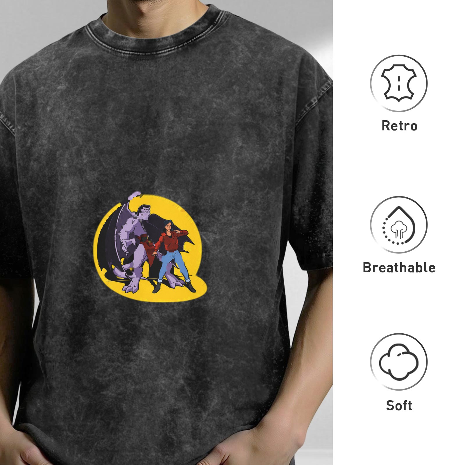 Washed Black T-Shirt with Gargoyles Cartoon Character Graphic