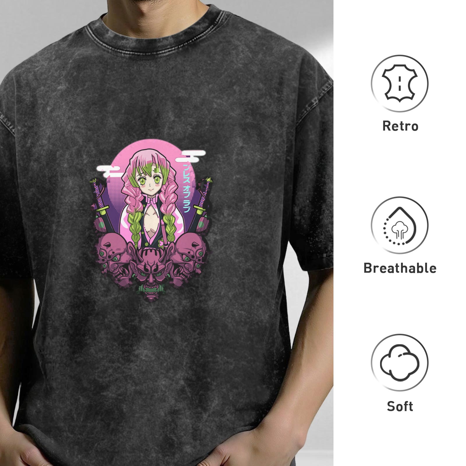 Oversized Acid Wash T-Shirt with Anime Demon Slayer Character Print