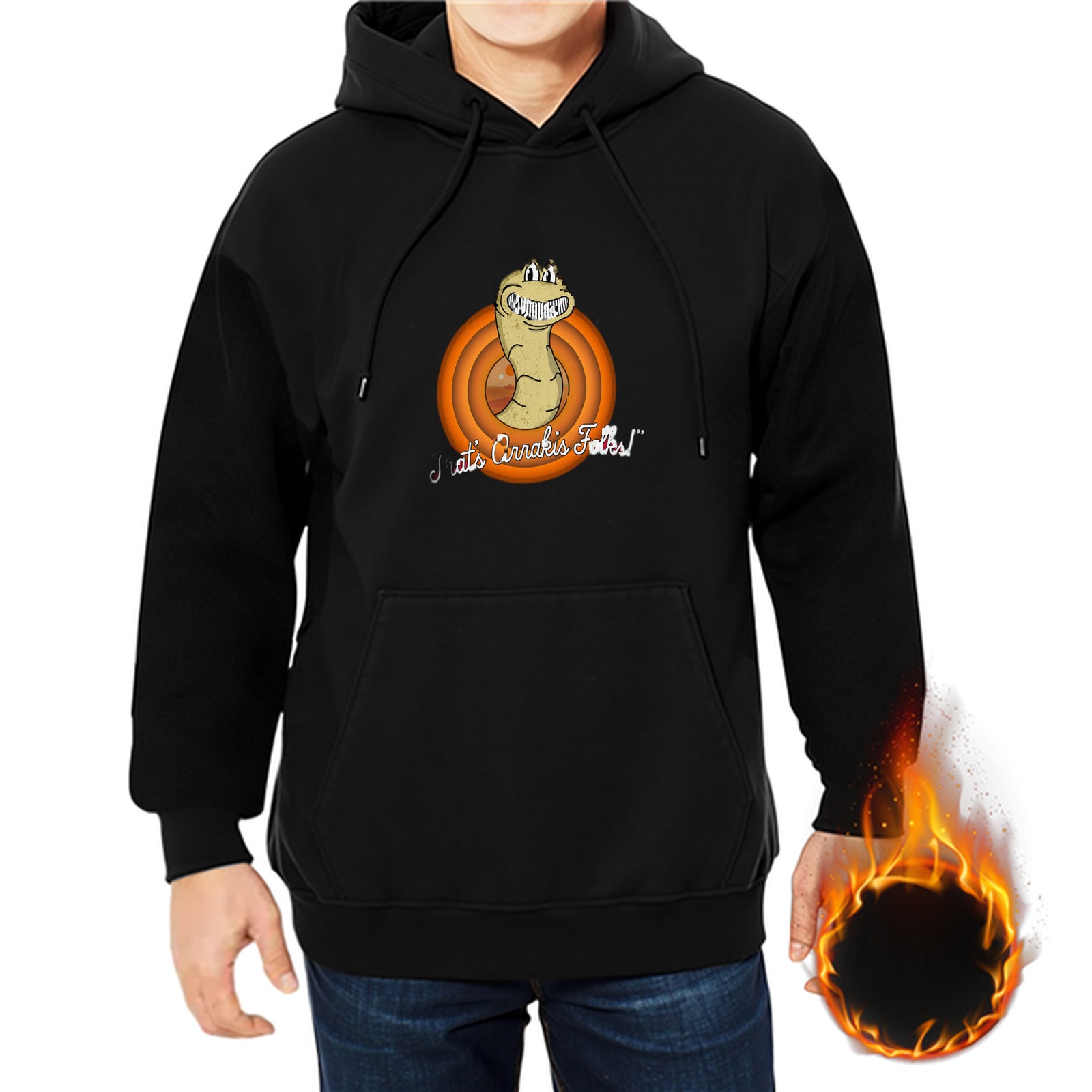 Black hoodie with cartoon worm graphic and retro orange circle design