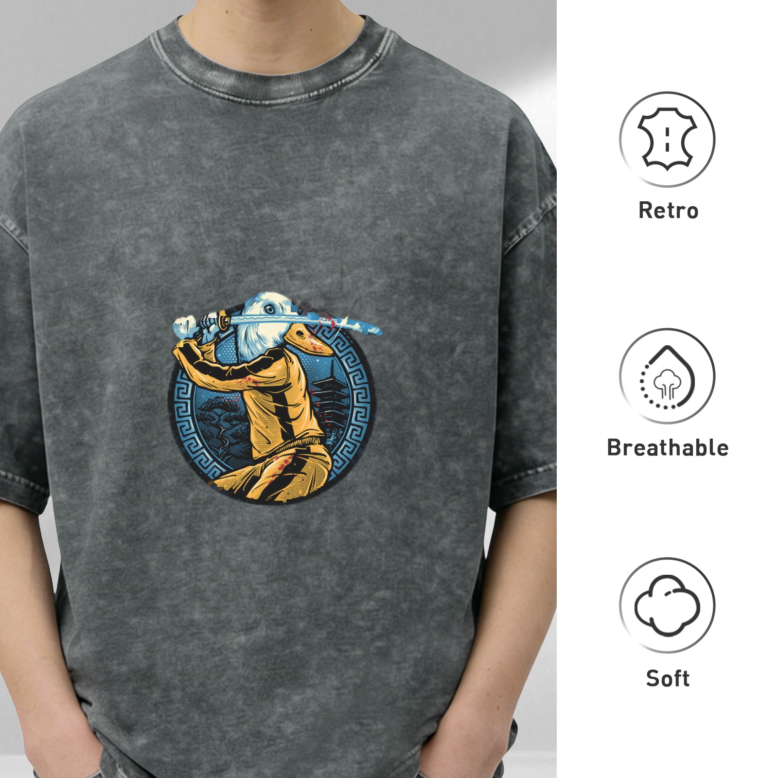 Oversized dark washed t-shirt with duck samurai katana graphic