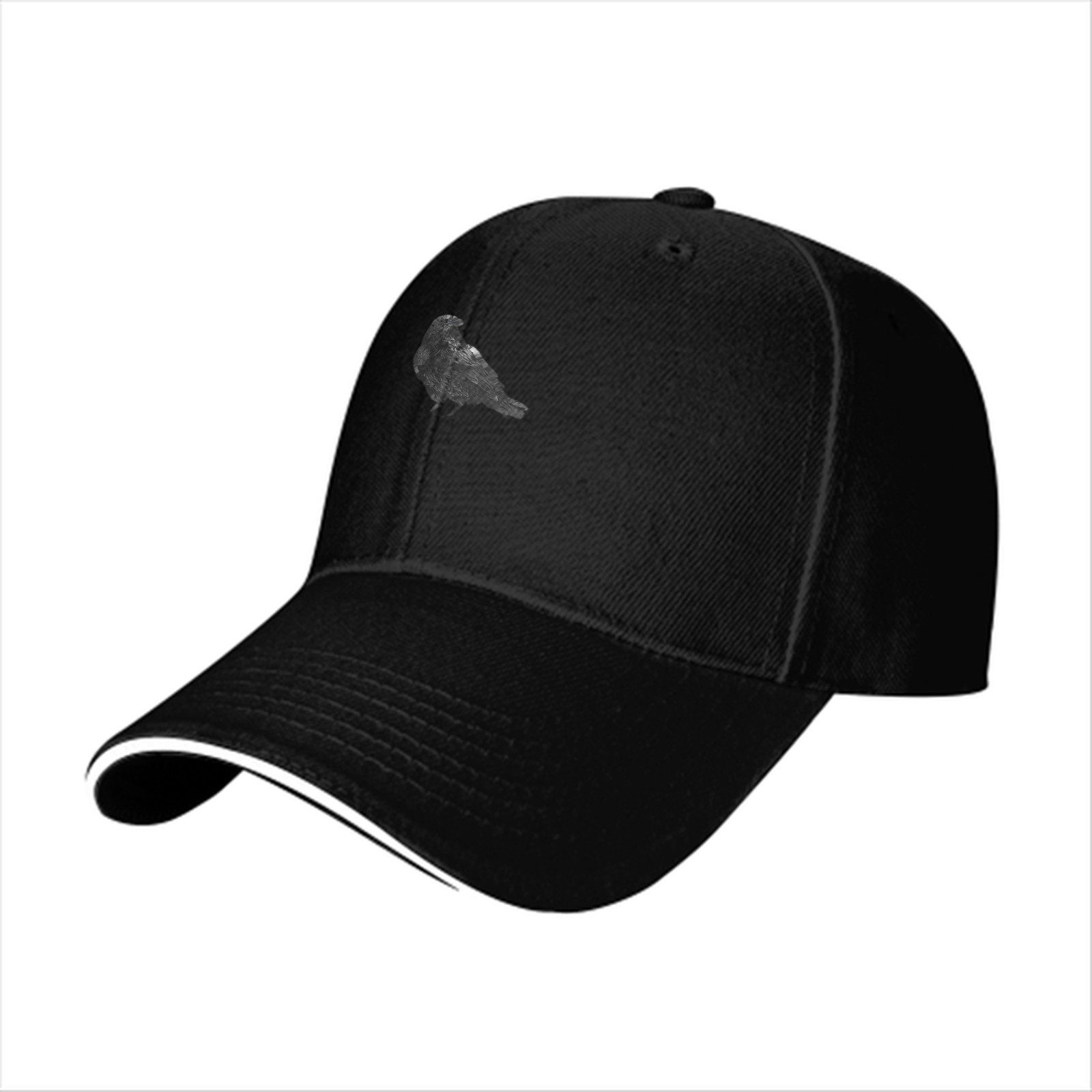 Black Baseball Cap With Detailed Crow Silhouette Design