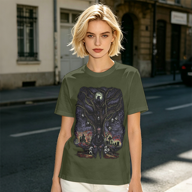 Olive t-shirt with gothic tree raven and graveyard graphic