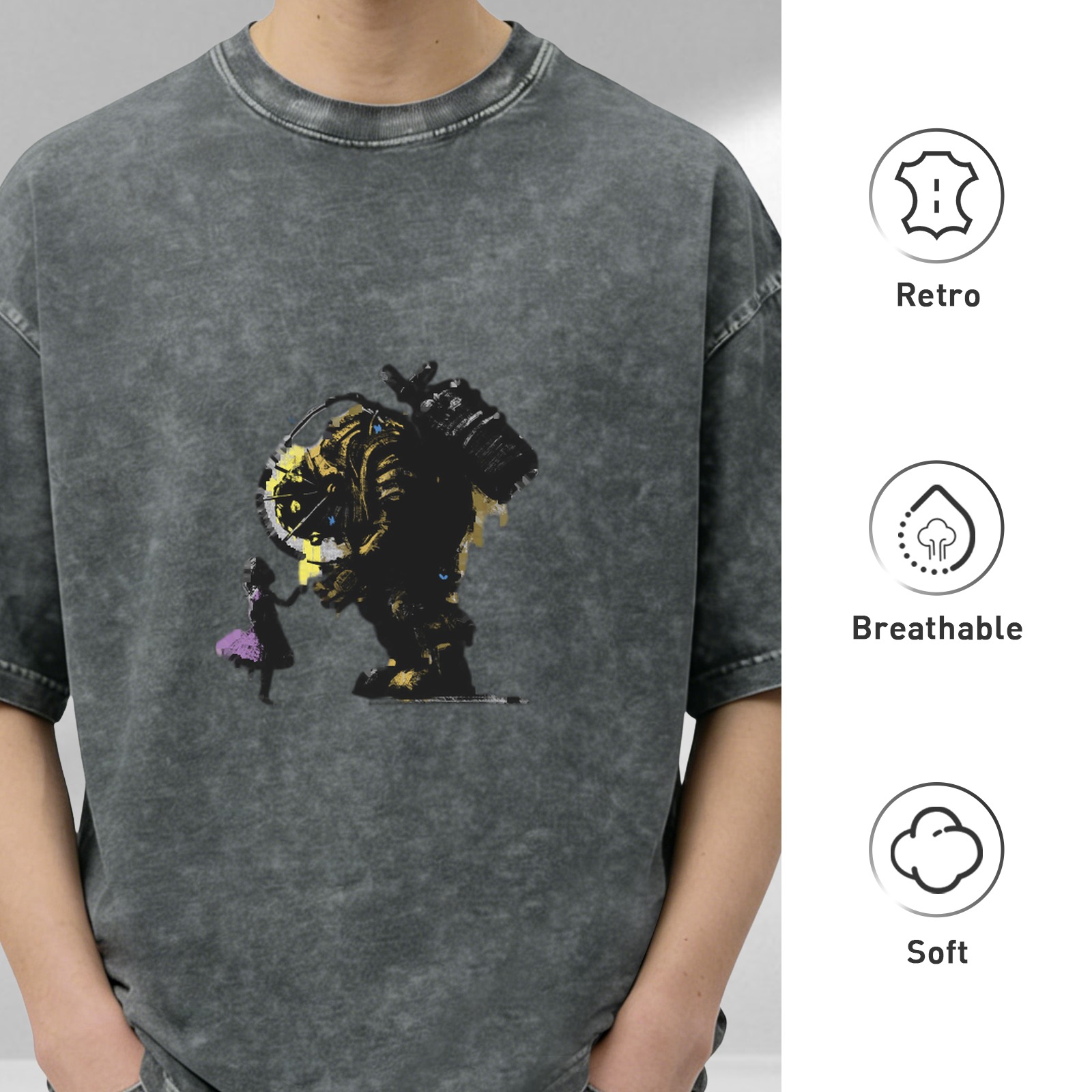 oversized acid wash graphic t-shirt with abstract mechanical print