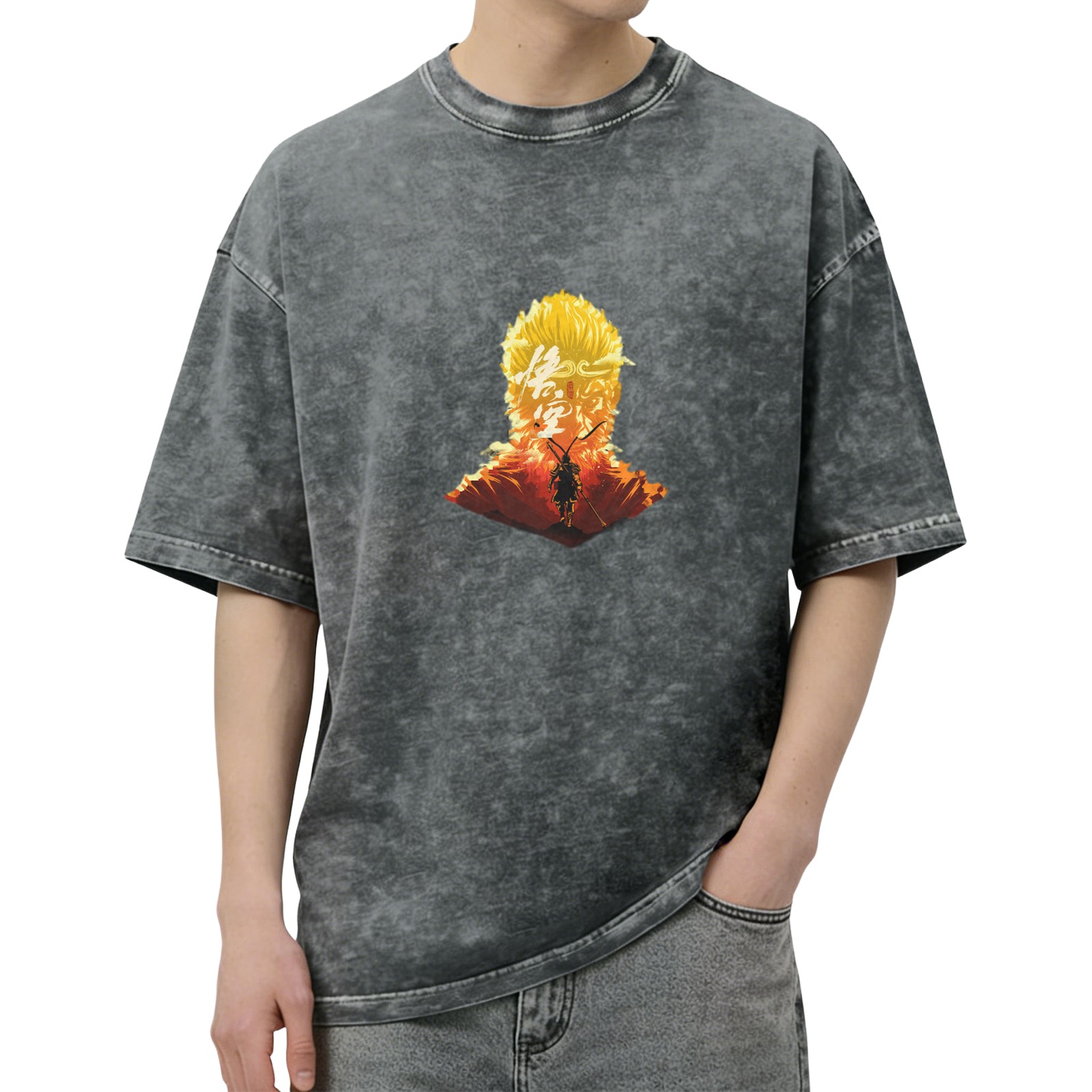 Wukong Graphic Washed Black Short Sleeve T-Shirt