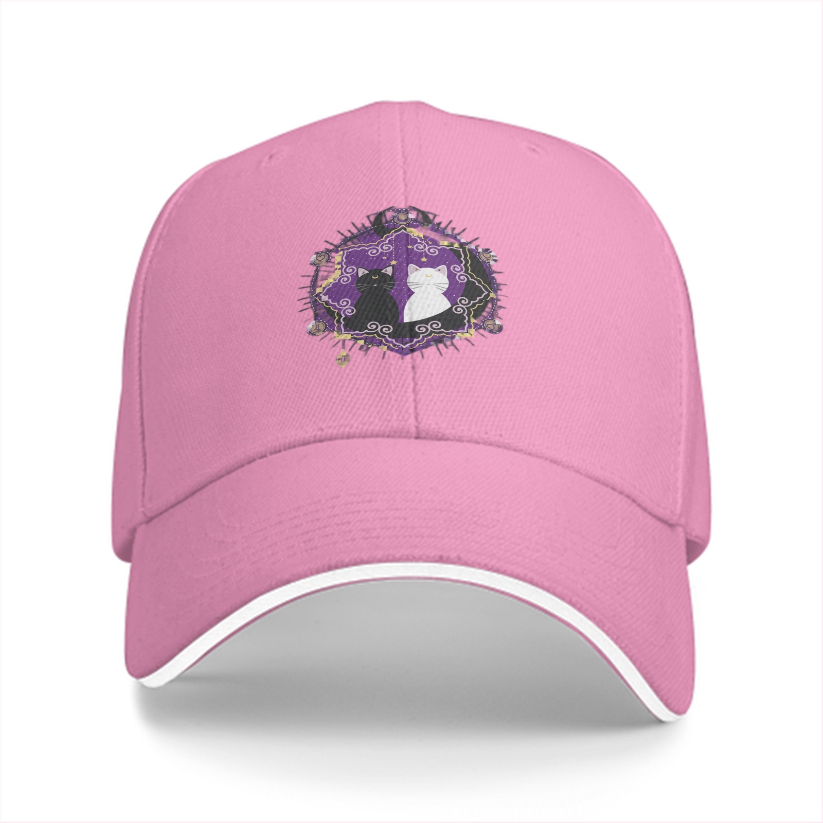 Black baseball cap with purple star cat graphic design