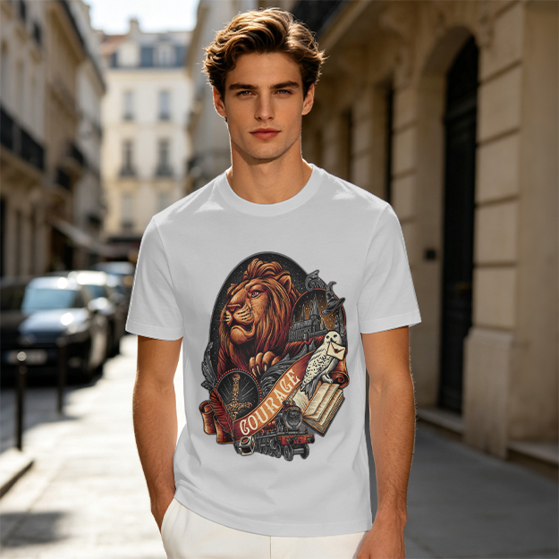 Olive T-Shirt With Lion Courage Themed Fantasy Art Print