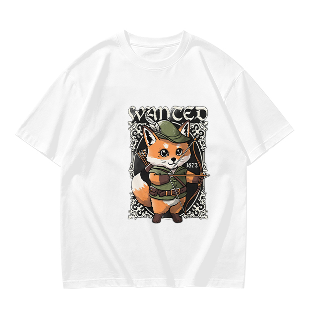 Olive green t-shirt with cute fox archer 'WANTED' graphic