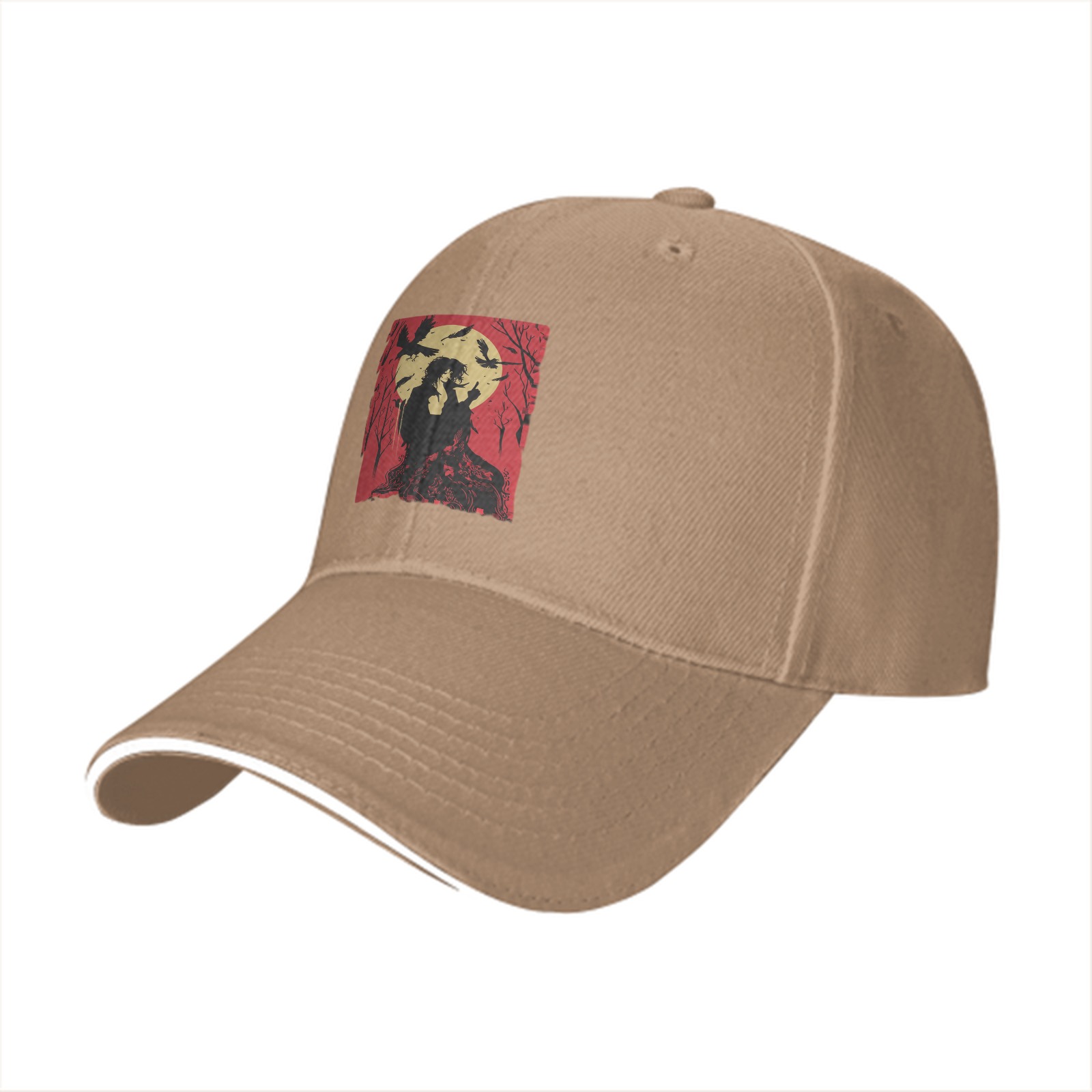 Black Baseball Cap With Red Moon Crow Silhouette Graphic