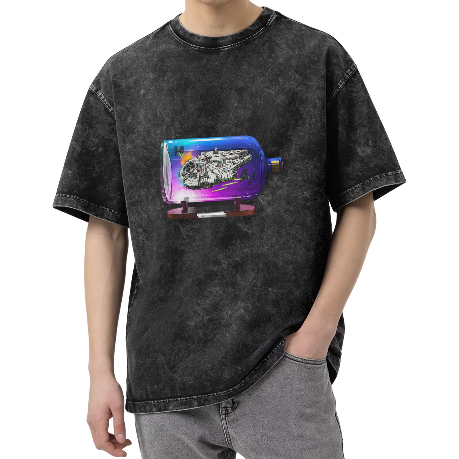 Oversized Acid Wash T-Shirt with Spaceship in Bottle Graphic