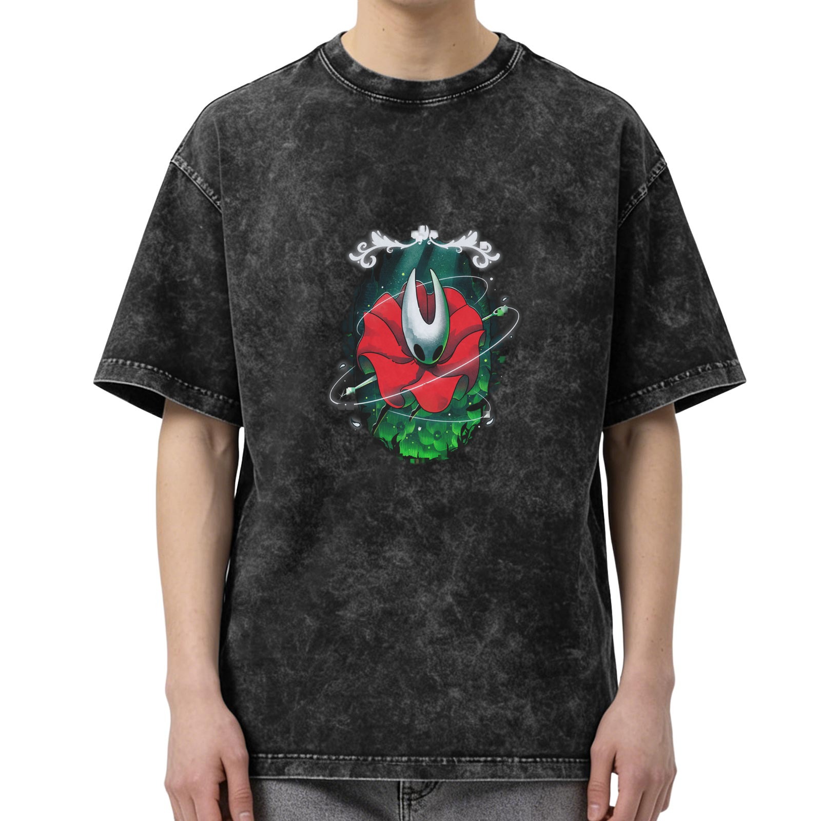 Hollow Knight Hornet Rose Graphic Acid Wash Oversized T-Shirt