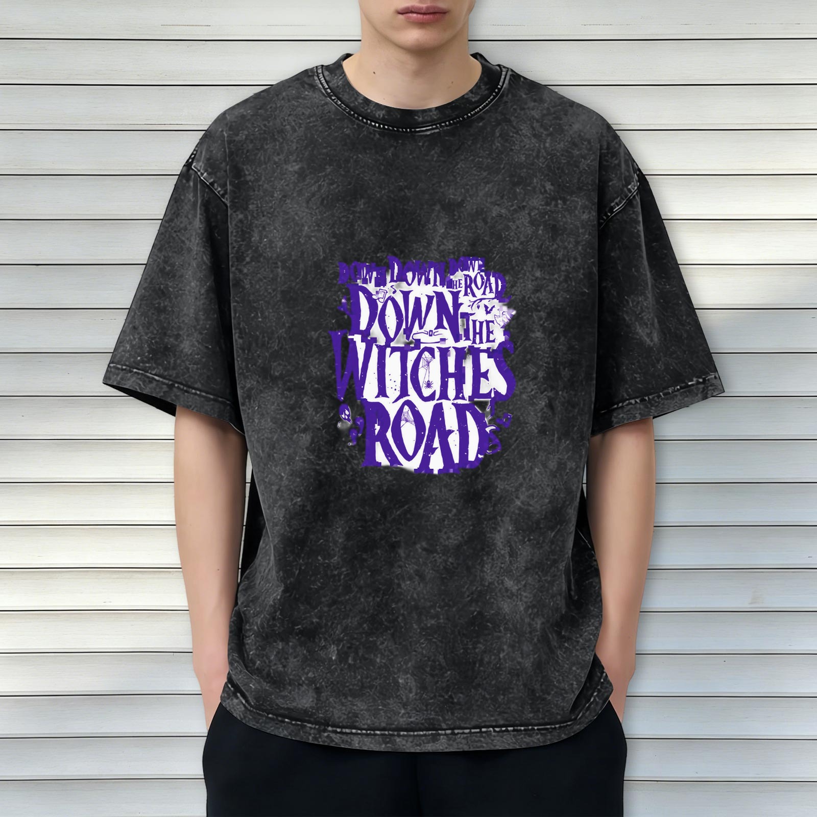 Washed Black Graphic T-Shirt with Down The Witches Road Text