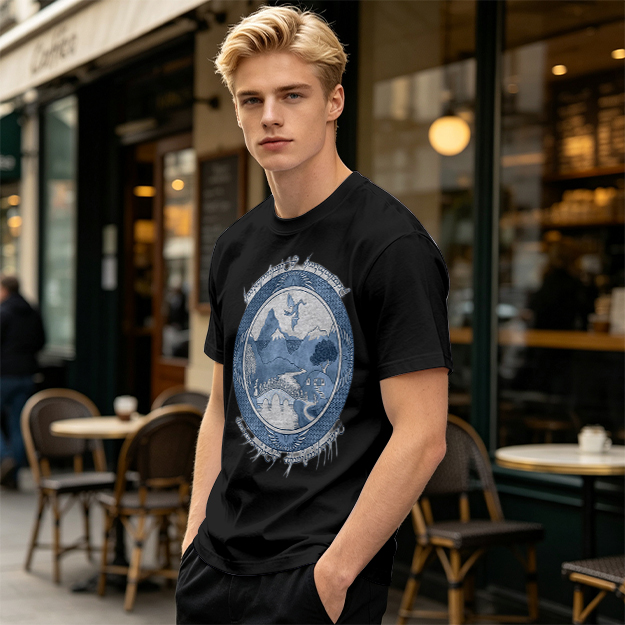 Olive T-Shirt With Fantasy Mountain Landscape Dragon Print
