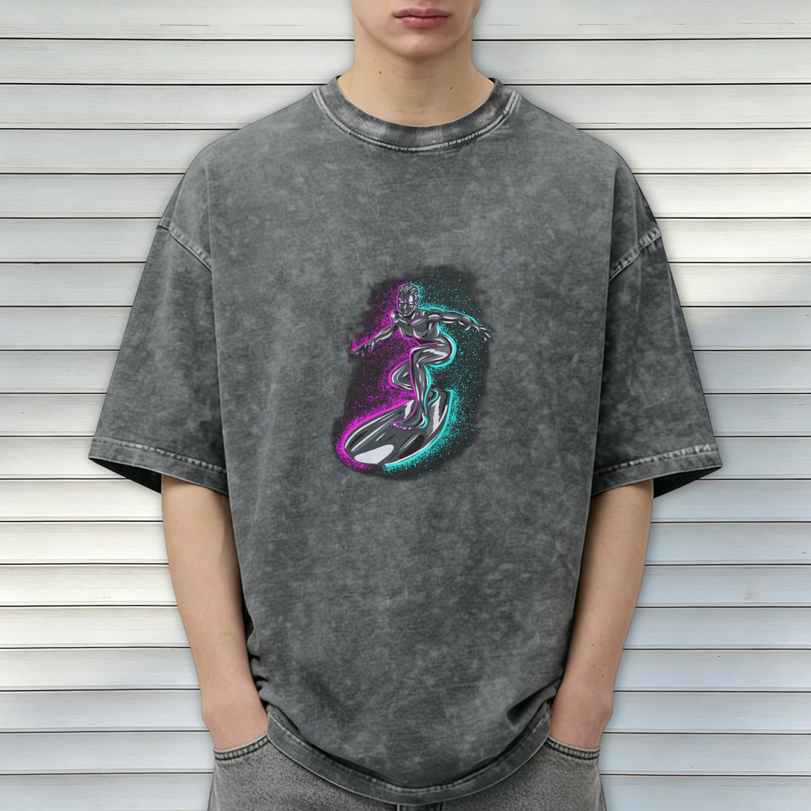 Oversized Acid Wash T-Shirt With Neon Surfer Graphic