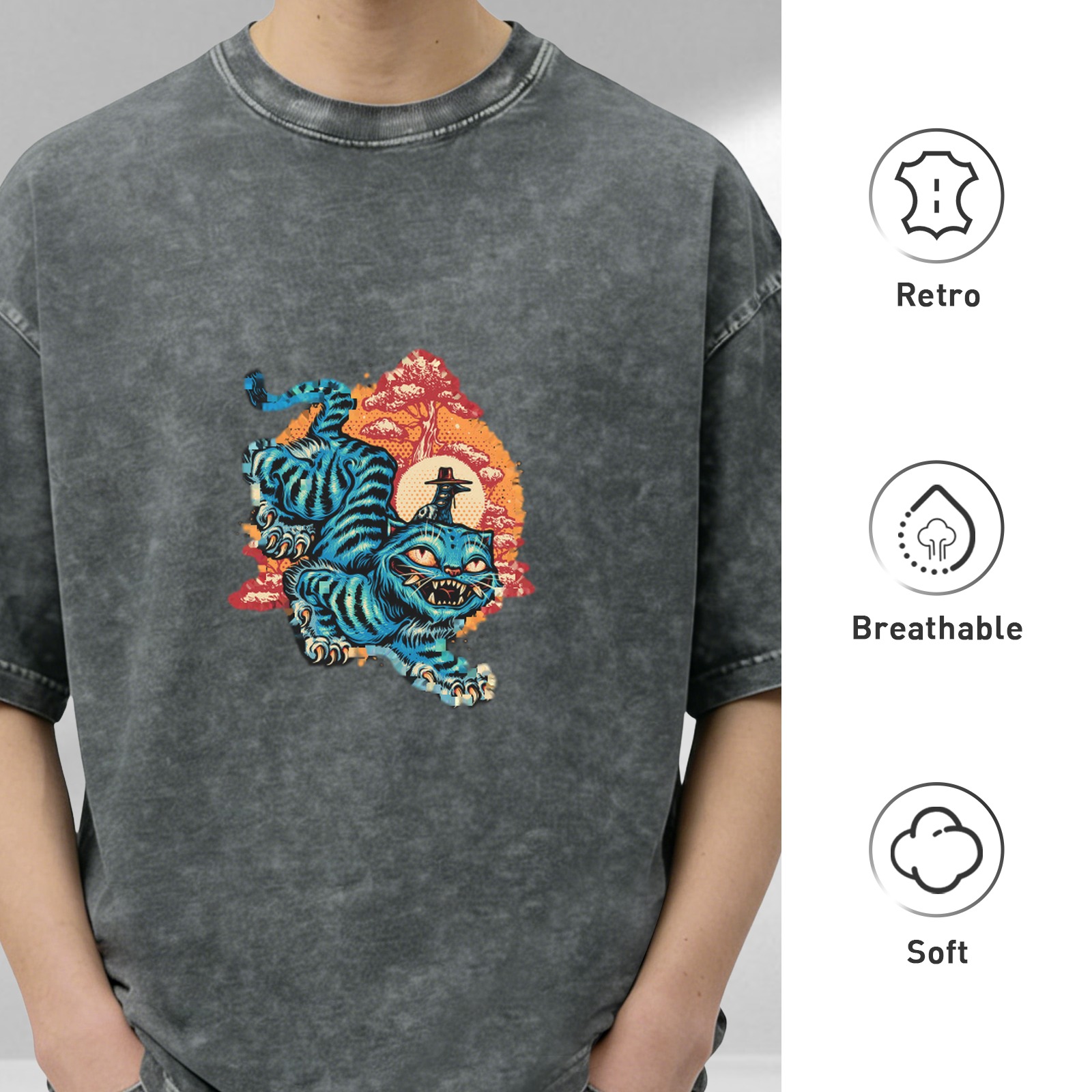 Washed Black T-Shirt With Blue Tiger Japanese Style Graphic