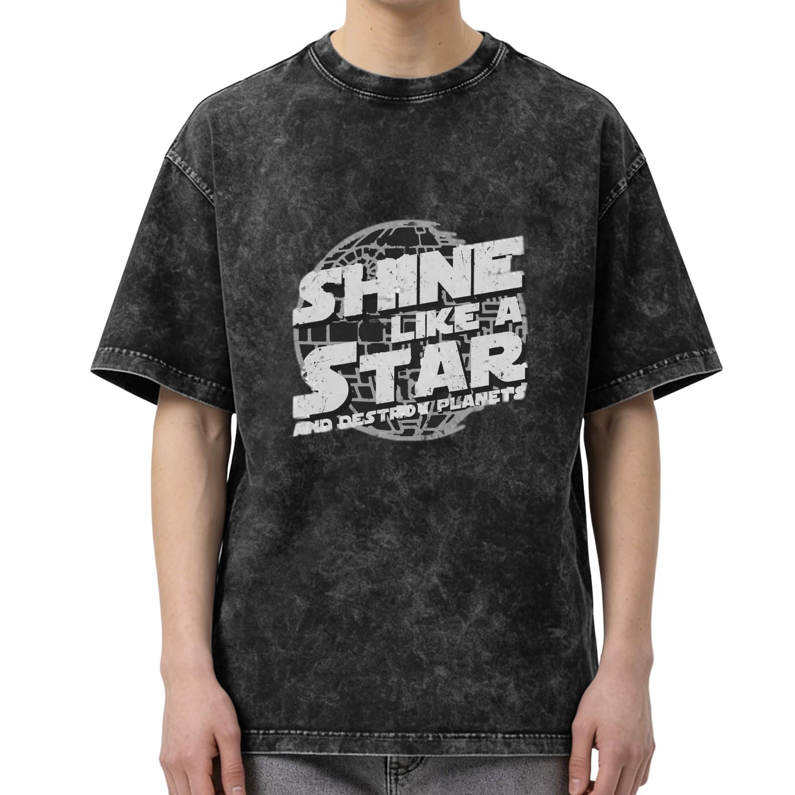 Washed Cotton T-Shirt With Shine Like A Star Destroy Planets Print