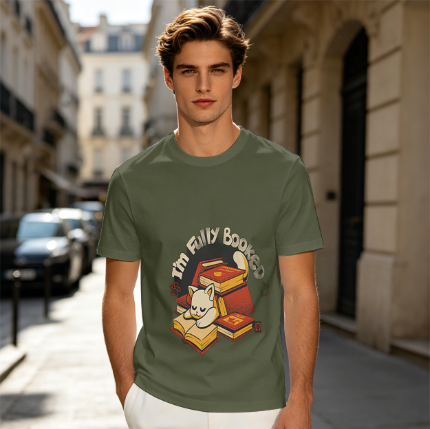 Olive t-shirt with a sleeping cat on books and 'I'm Fully Booked' text