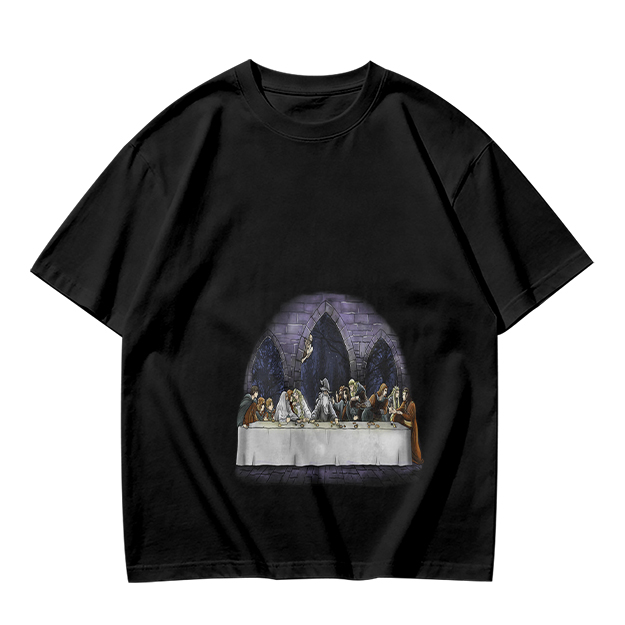 Olive Green T-Shirt with Skeletal Last Supper Graphic Print
