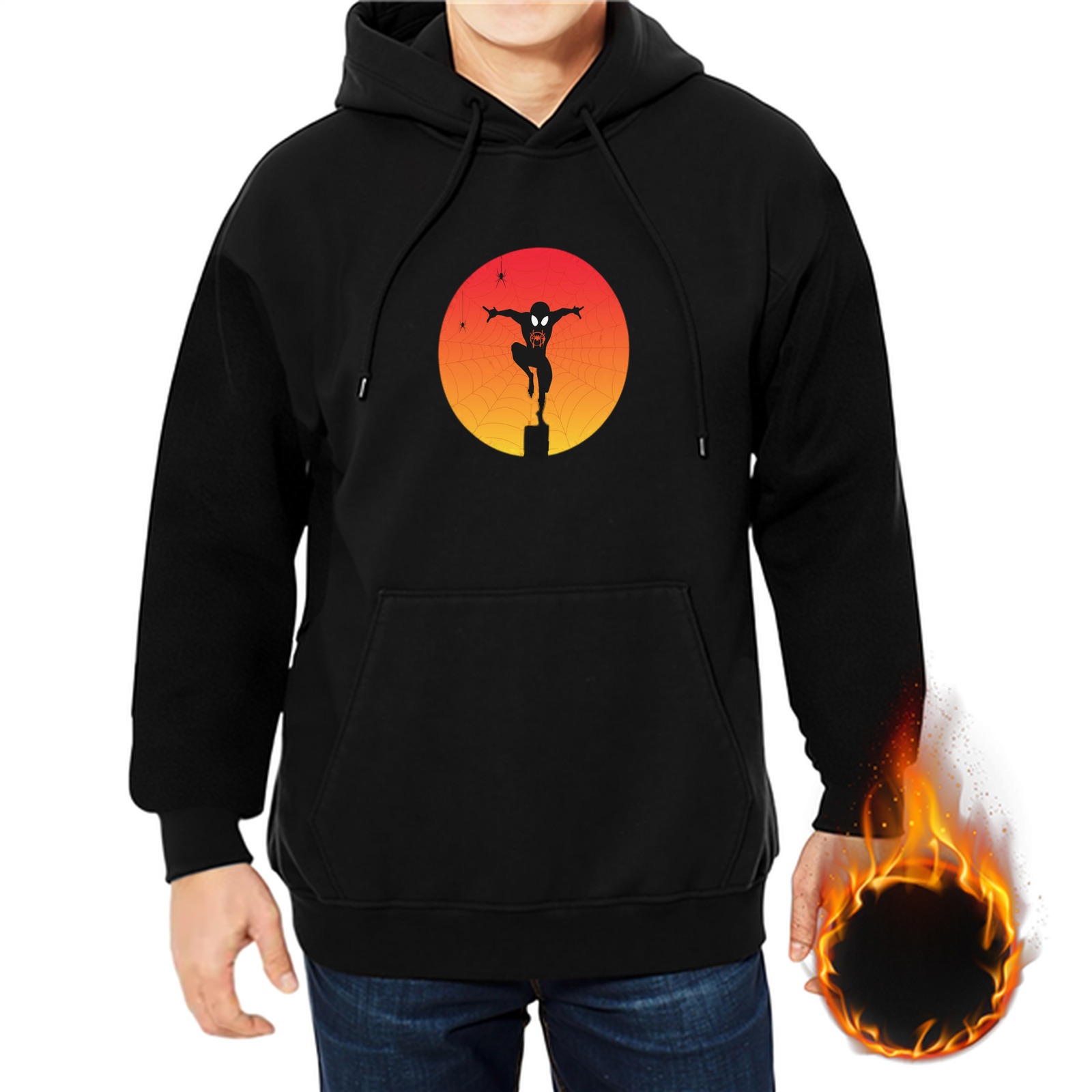 Black Hoodie With Spider Hero Sunset Silhouette Graphic