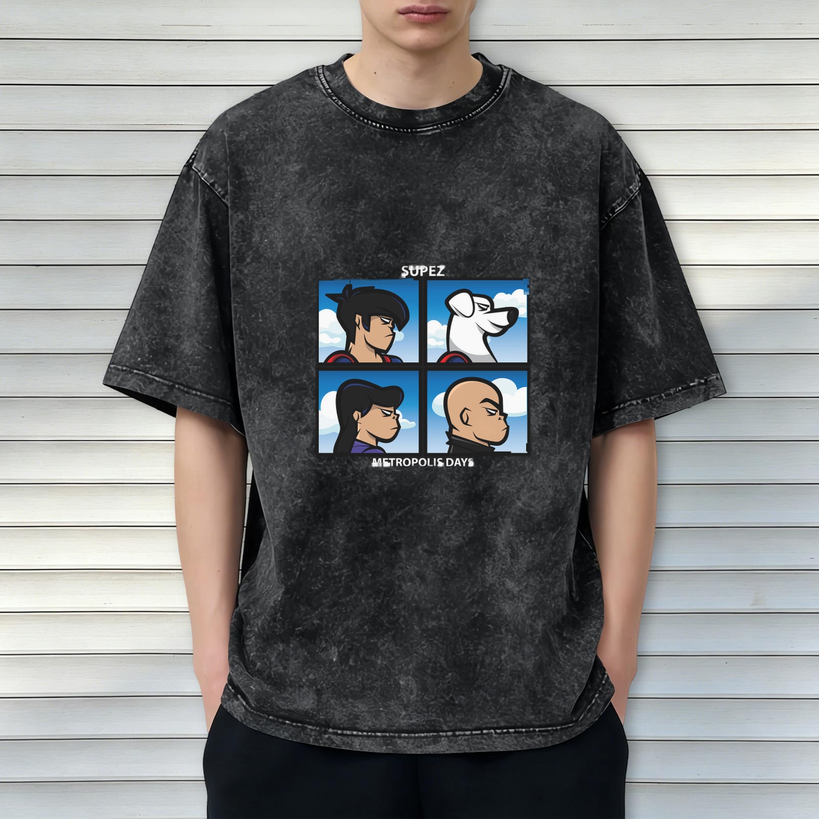 Washed Black T-Shirt With Four Panel Superhero Character Artwork