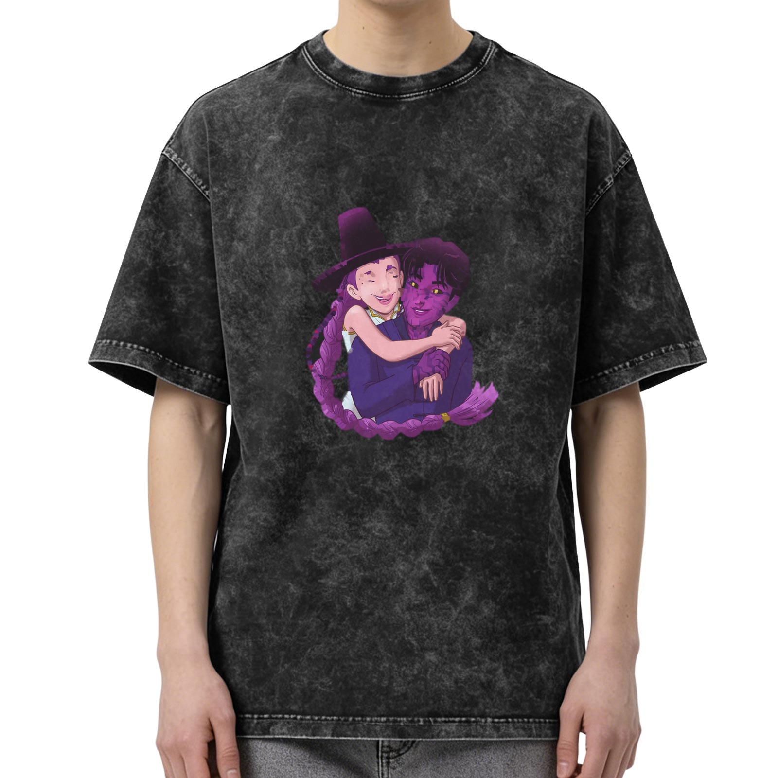 Oversized dark washed graphic tee with anime couple embrace print
