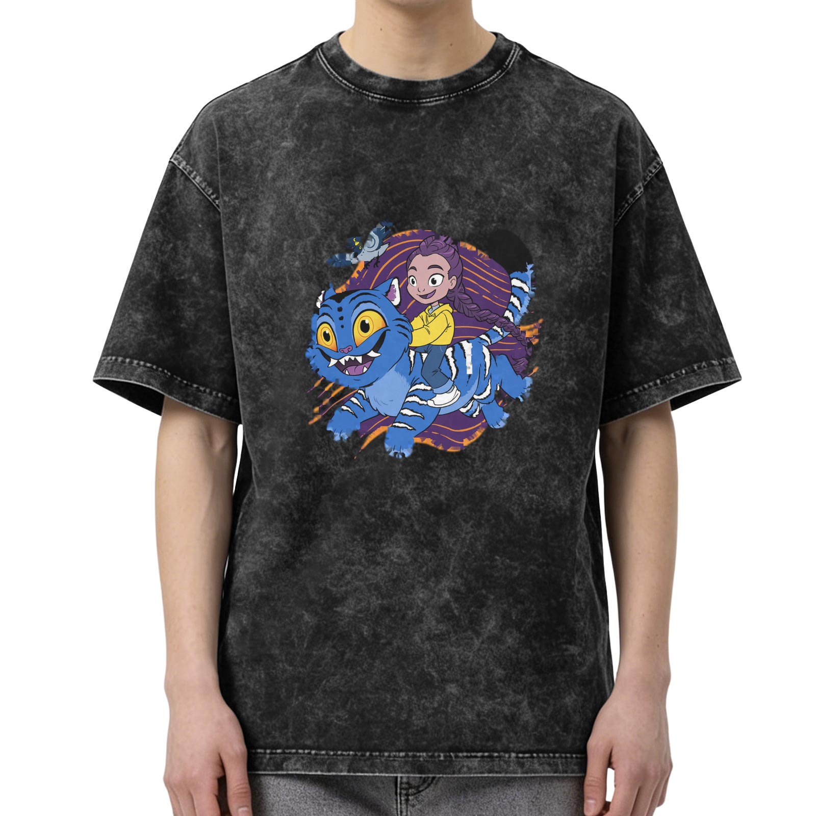 Washed black graphic t-shirt with cartoon girl riding blue fantasy cat design