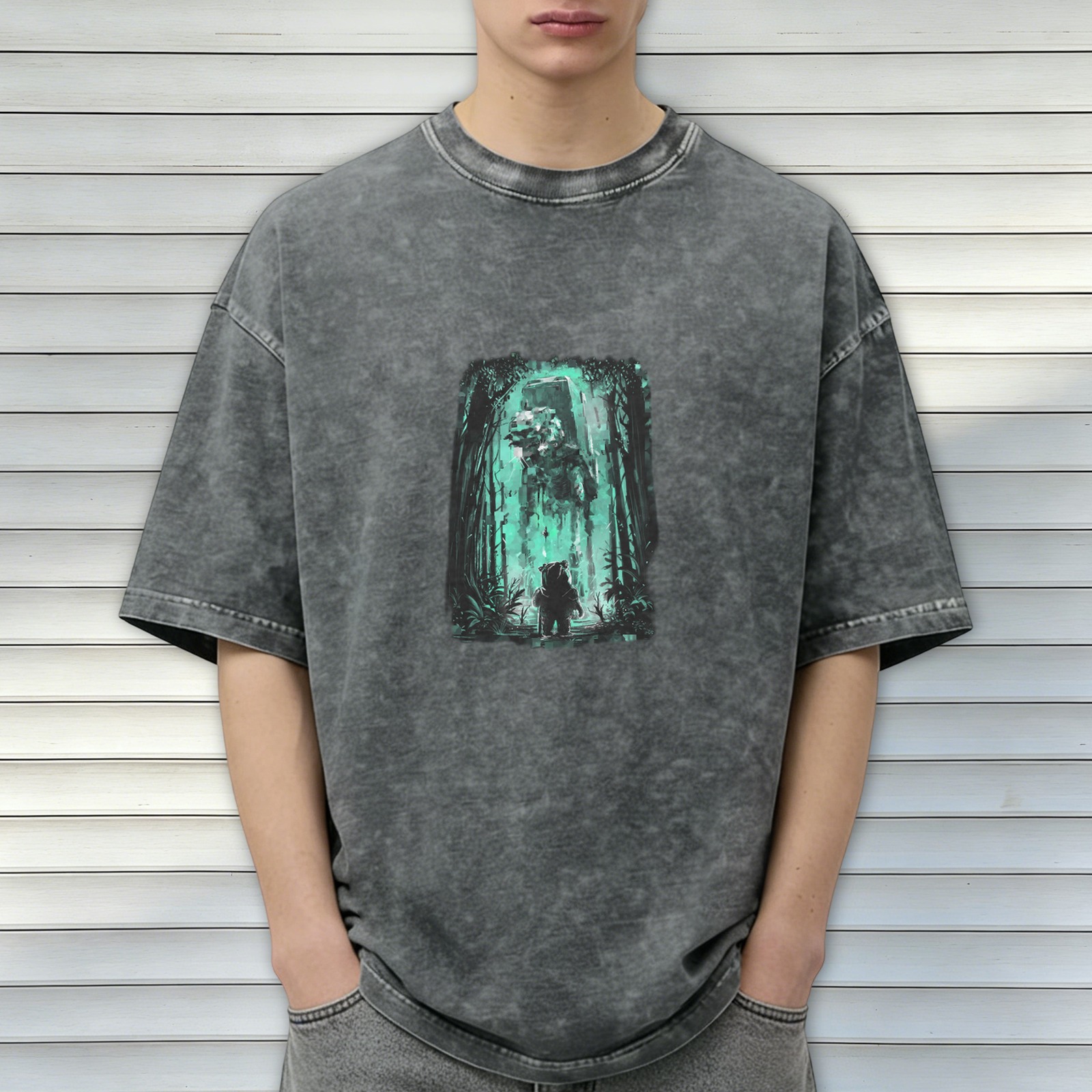 Distressed black short-sleeved T-shirt Star Wars themed forest pattern printed top