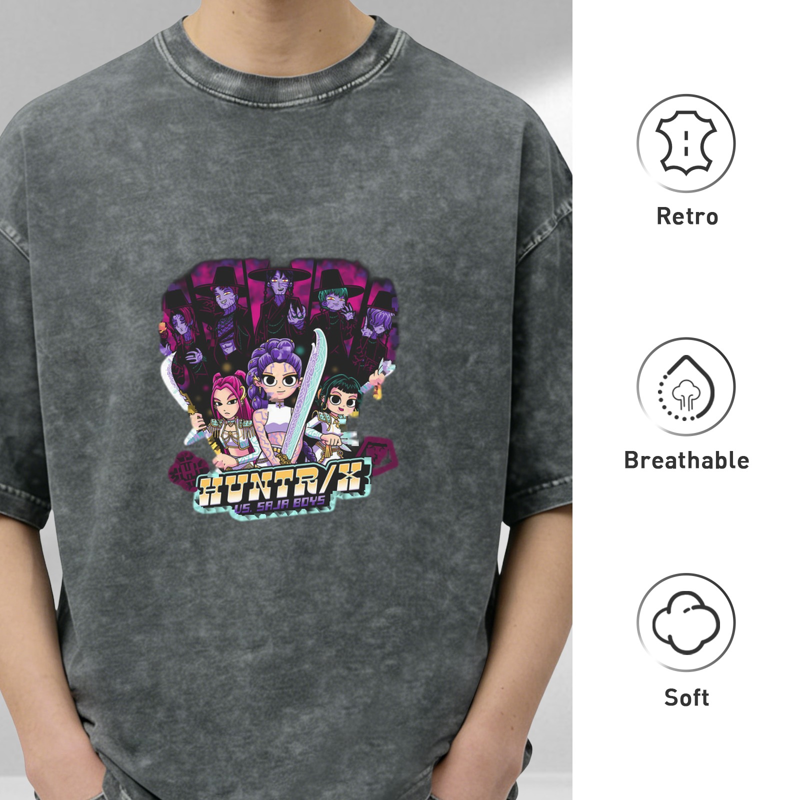 Distressed Black Cartoon Anime Print Short Sleeve T-Shirt