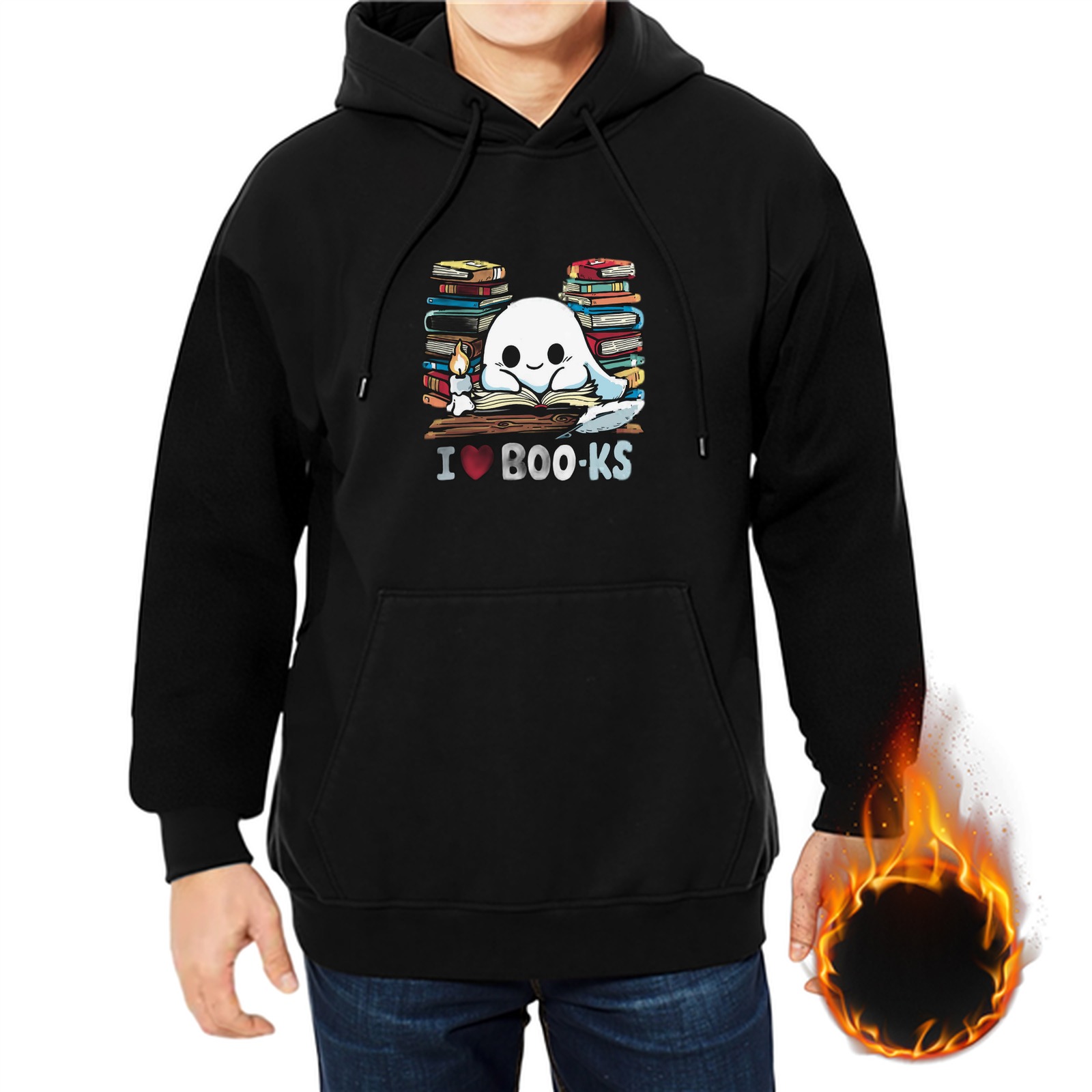 Black hoodie with cute ghost reading books graphic design