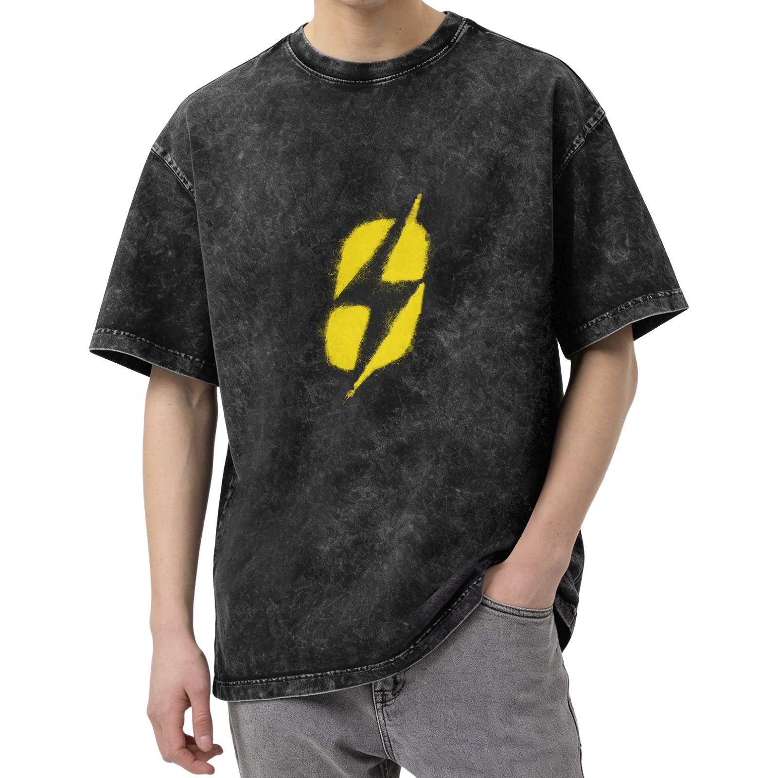 Washed Black T-Shirt With Yellow Lightning Bolt Graphic