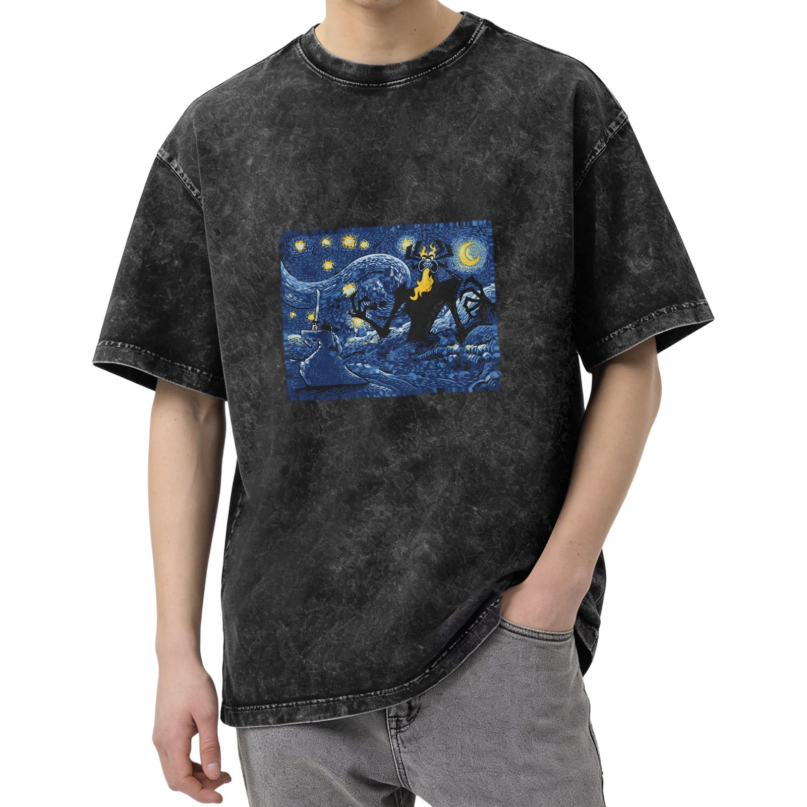 Washed Black T-Shirt with Starry Night Samurai Villain Graphic