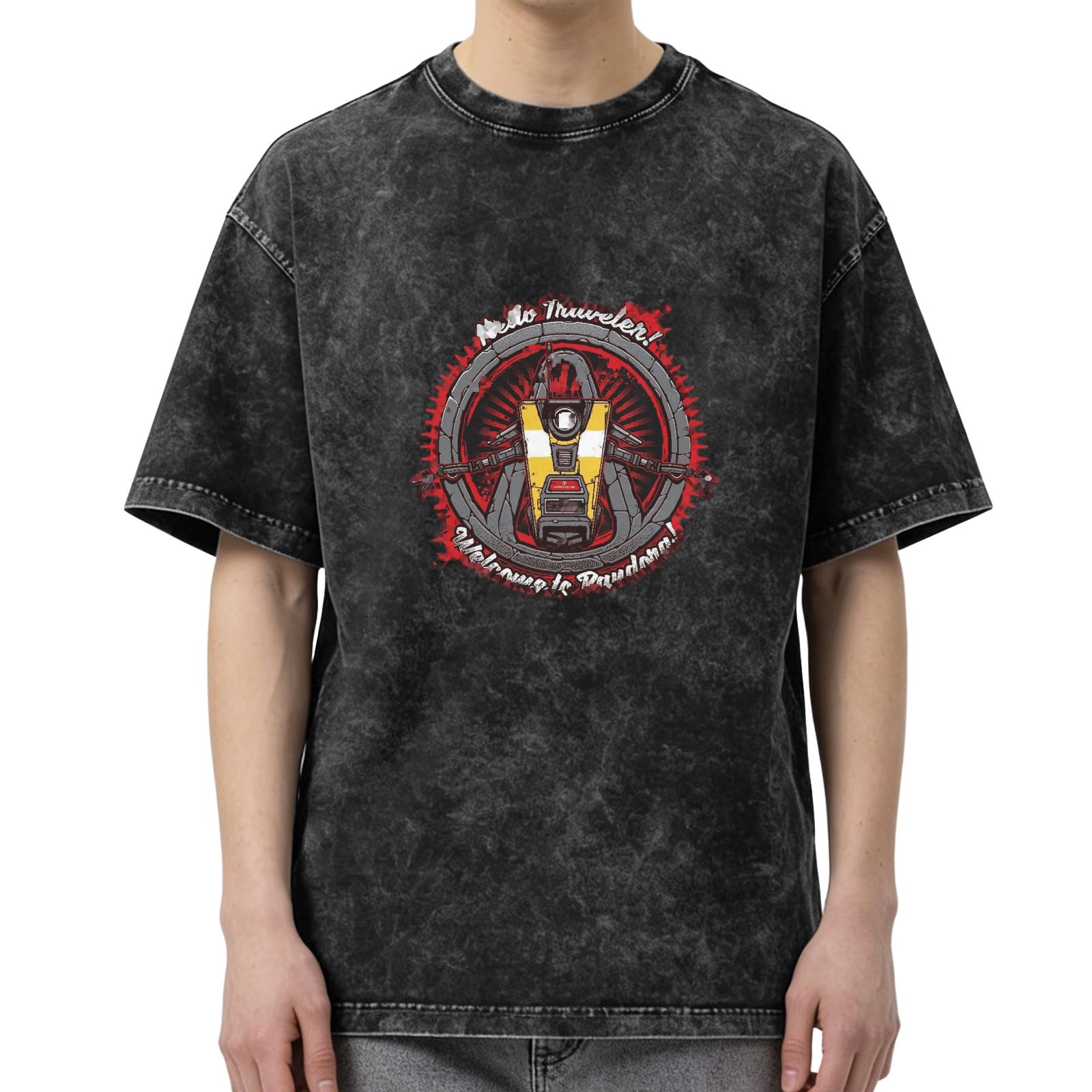Borderlands Claptrap 'Hello Traveler! Welcome to Pandora!' Acid Wash Oversized T-Shirt