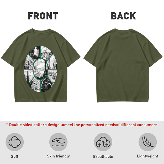 Olive Green T-Shirt With Circular Fantasy Landscape Art Print