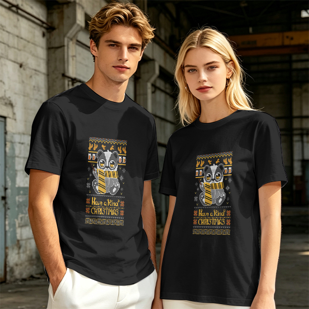 Olive green t-shirt with Hufflepuff badger Christmas print